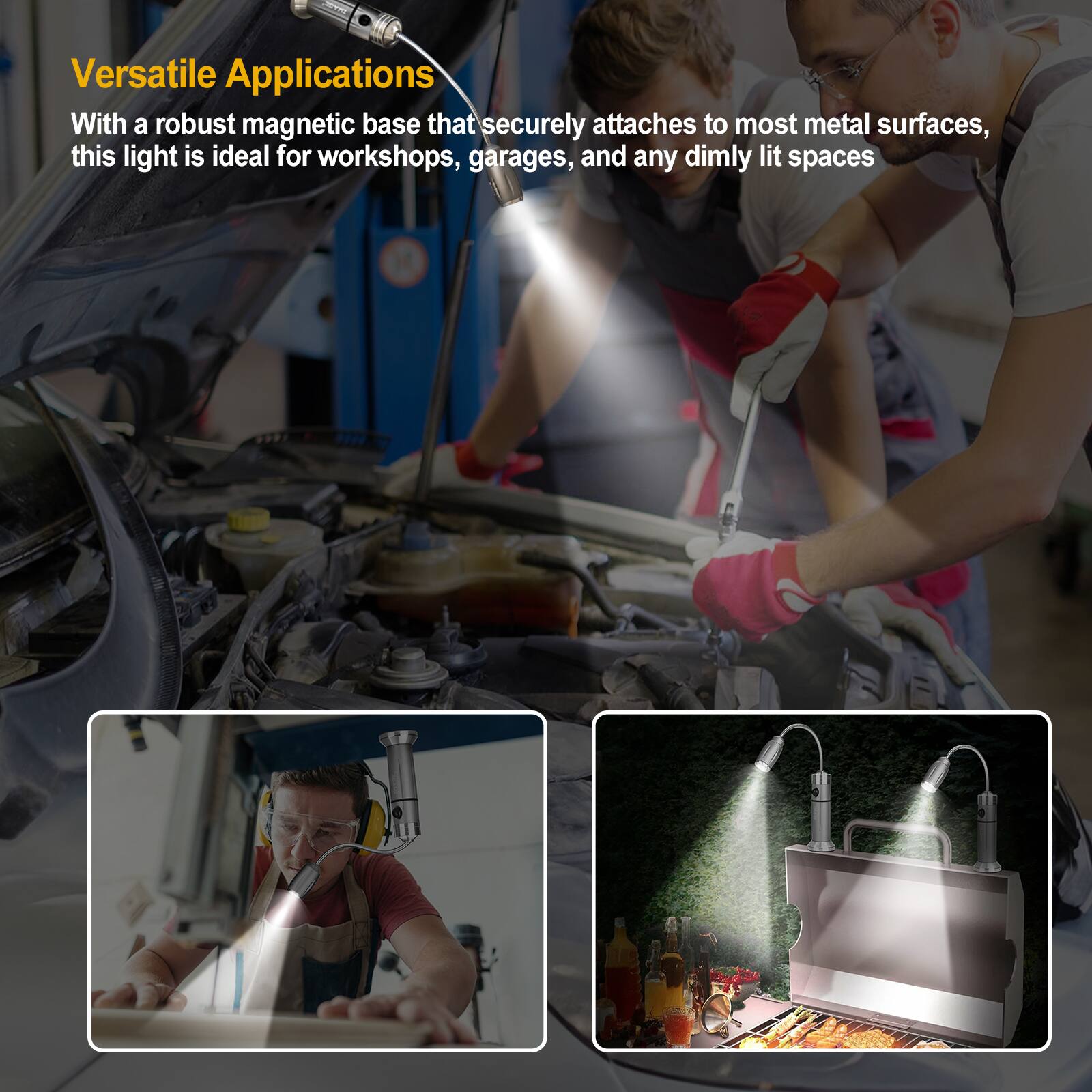 SevAr Versatile Applications

With a robust magnetic base that securely attaches to most metal surfaces, this light is ideal for workshops, garages, and any dimly lit spaces.