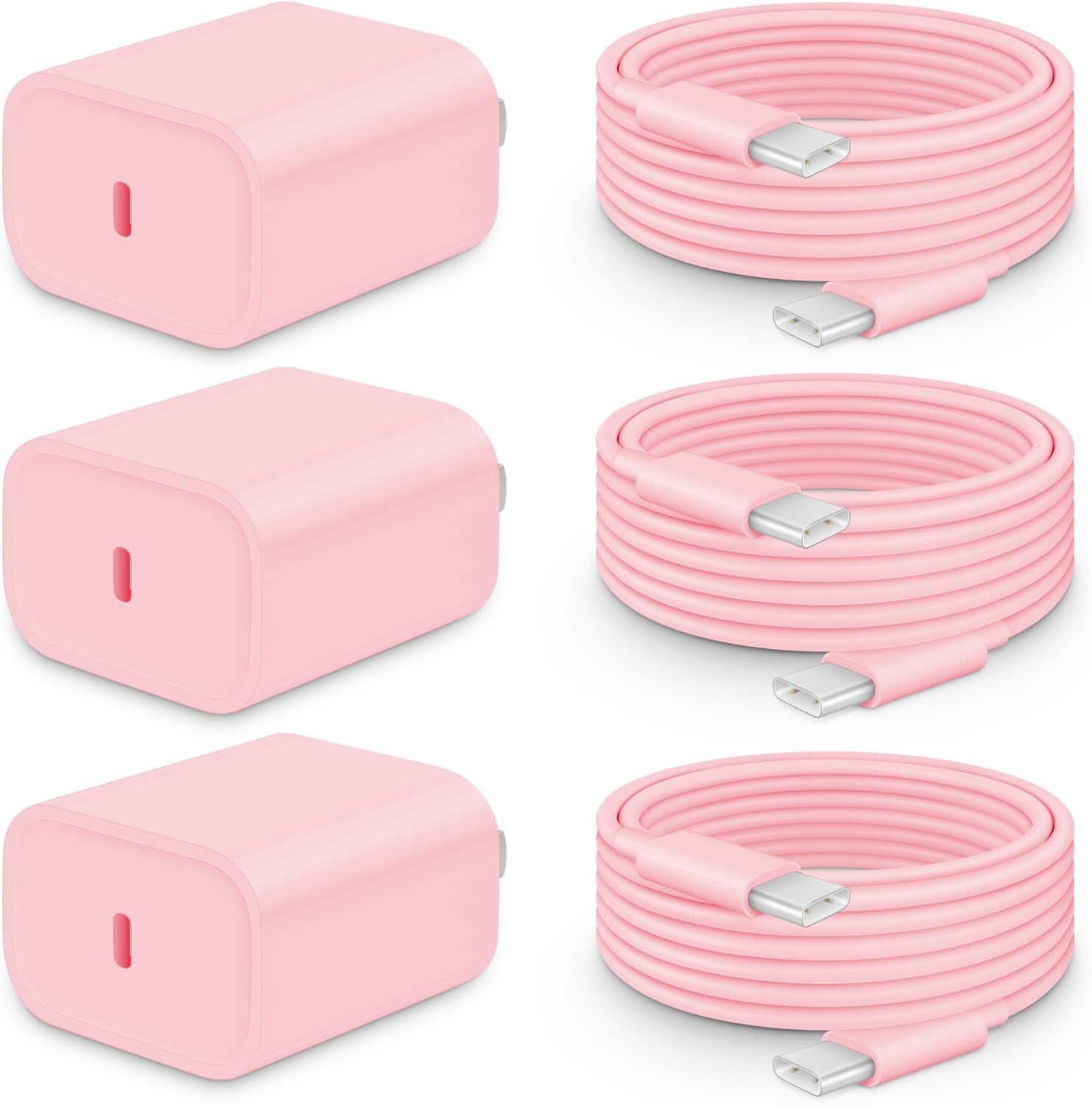 Bundle - Core Tech - 3-Pack 20W USB-C Fast Wall Chargers with 6 ft USB-C to USB-C Cables for iPhone 18/17/16/15 - Light Pink - Light Pink