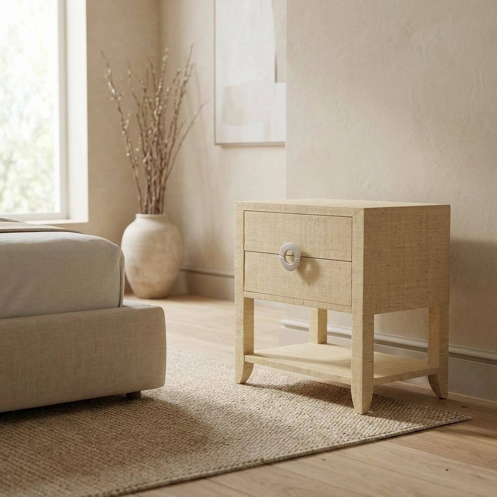 Alt View 4. Starlight Canyon Home - Raffia Nightstand with 2 Drawers, Coastal Bedside End Table for Bedroom - Cream,Yellow.