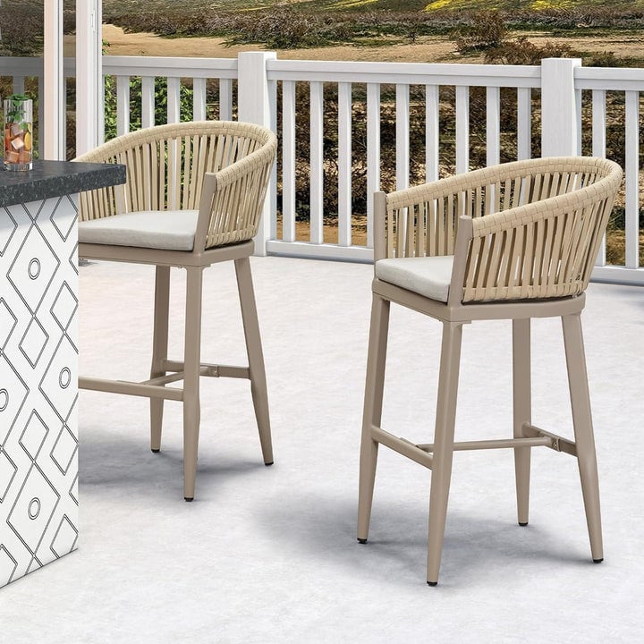 PURPLE LEAF - Outdoor Counter/Bar Height Stools Set of 2 Rattan Wicker Bar Chairs Woven Aluminum Barstools with Back and Cushions - Champagne-Bar Stool