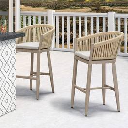 PURPLE LEAF - Outdoor Counter/Bar Height Stools Set of 2 Rattan Wicker Bar Chairs Woven Aluminum Barstools with Back and Cushions - Champagne-Bar Stool