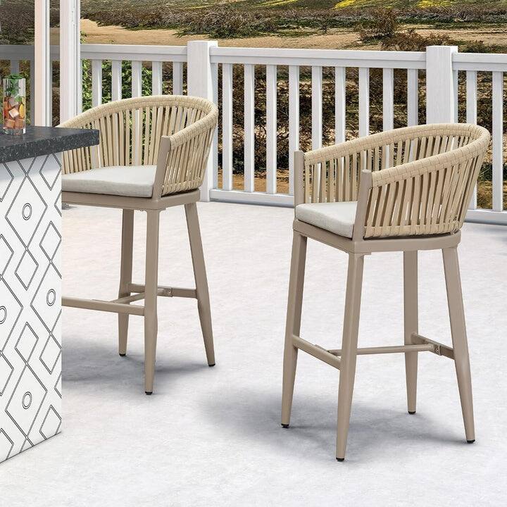 Alt View 1. PURPLE LEAF - Outdoor Counter/Bar Height Stools Set of 2 Rattan Wicker Bar Chairs Woven Aluminum Barstools with Back and Cushions - Champagne-Bar Stool.