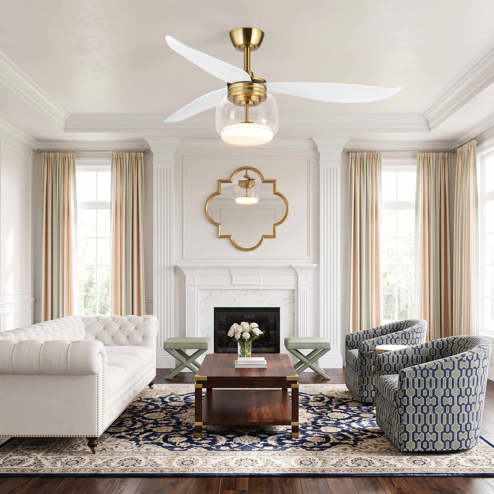 Angle. Parrot Uncle - 52-Inch Modern Propeller 3-Blade Glass Dimmable LED Ceiling Fan with Light and Remote - White.