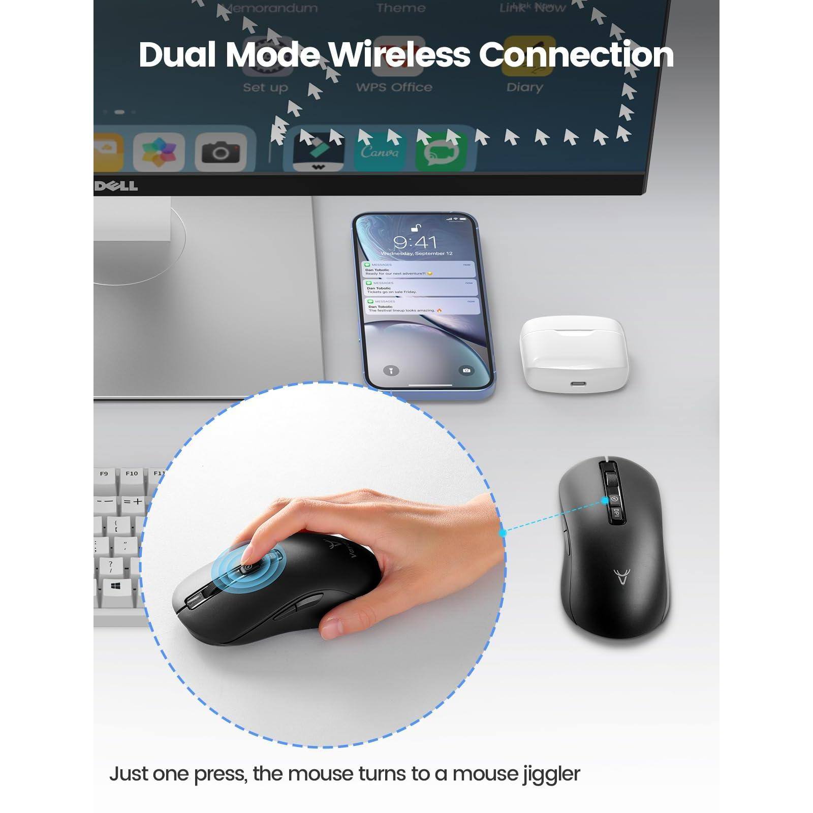 Dual Mode Wireless Connection  
Set up  
WPS Office  
Diary  

Just one press, the mouse turns to a mouse jiggler