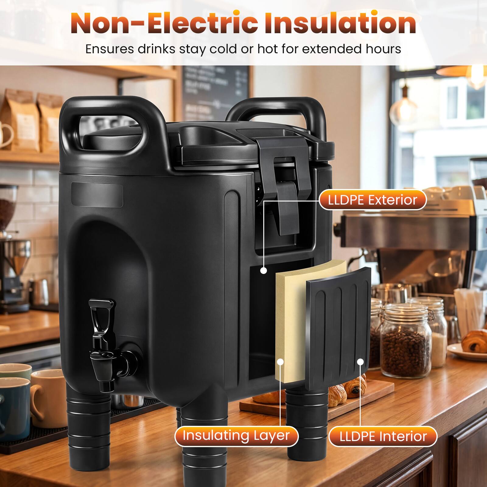 Non-Electric Insulation  
Ensures drinks stay cold or hot for extended hours  

LLDPE Exterior  
Insulating Layer  
LLDPE Interior