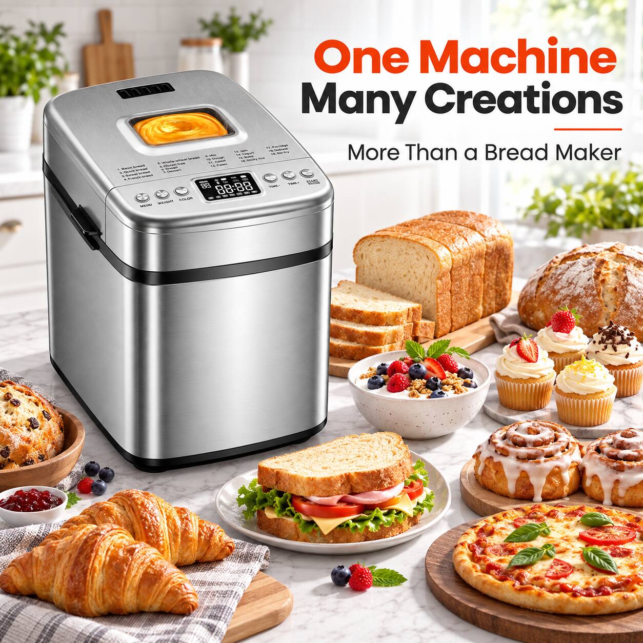 VS Jeep Mar Vegin) - - W Dough H Flanch a 11 Dakes Doning - Quick - 83 = 12 . WOOHT COLOR MEMU

One Machine Many Creations
More Than a Bread Maker