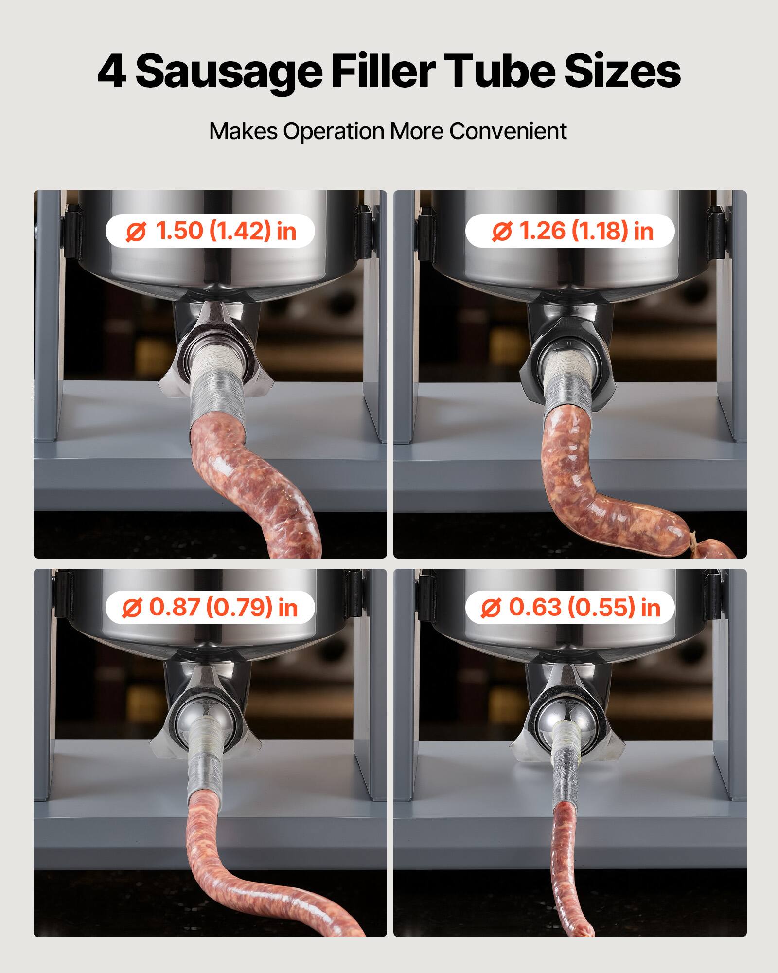 4 Sausage Filler Tube Sizes  
Makes Operation More Convenient  

1.50 (1.42) in  
1.26 (1.18) in  
0.87 (0.79) in  
0.63 (0.55) in