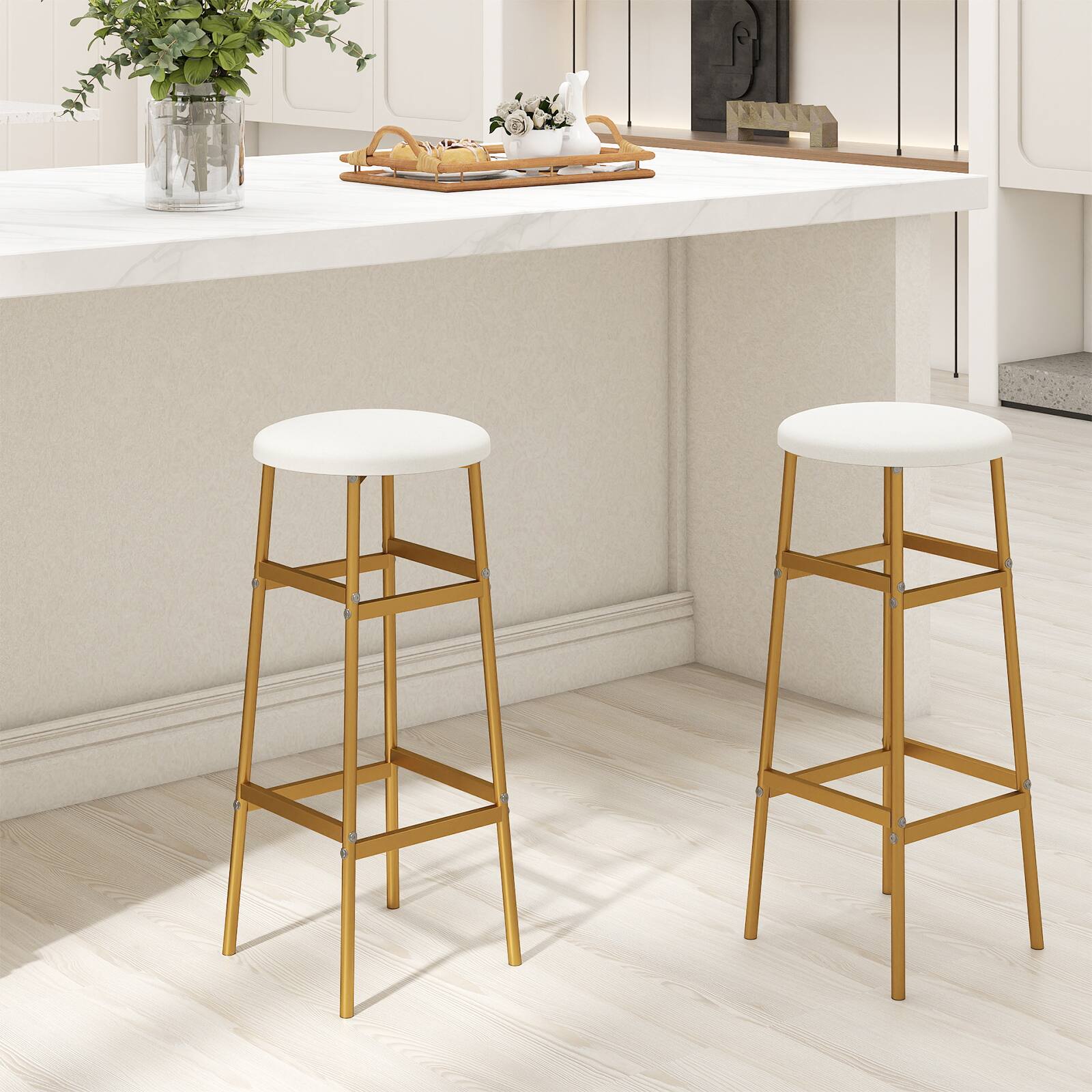Alt View 1. Gymax - Gymax Bar Stools Set of 2 w/ Sturdy Metal Frame and Footrest for Kitchen Island Golden & White - White.