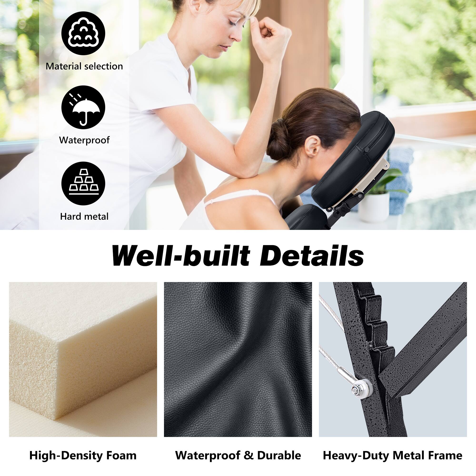 Material selection, Waterproof, Hard metal, Well-built Details, High-Density Foam, Waterproof & Durable, Heavy-Duty Metal Frame