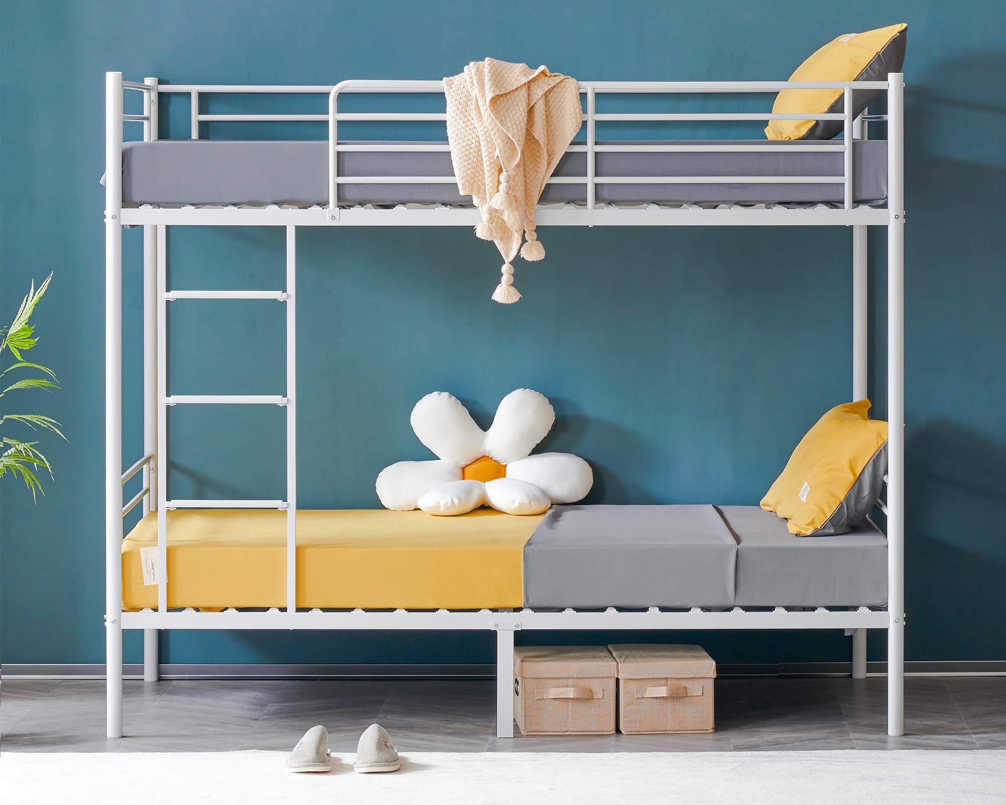 Winado - Metal Twin Bunk Bed Frame with Safety Rails Flat Ladder Full-Length Guardrail No Boxing Spring Needed for Teens Bedroom - White