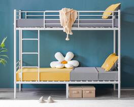 Winado - Metal Twin Bunk Bed Frame with Safety Rails Flat Ladder Full-Length Guardrail No Boxing Spring Needed for Teens Bedroom - White