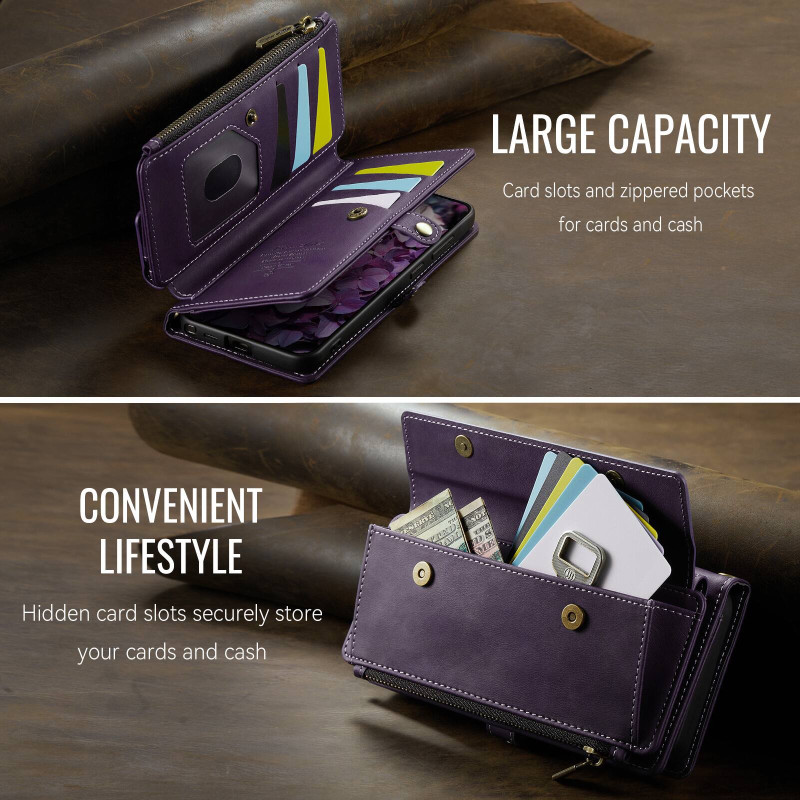 LARGE CAPACITY  
Card slots and zippered pockets for cards and cash  

CONVENIENT LIFESTYLE  
Hidden card slots securely store your cards and cash