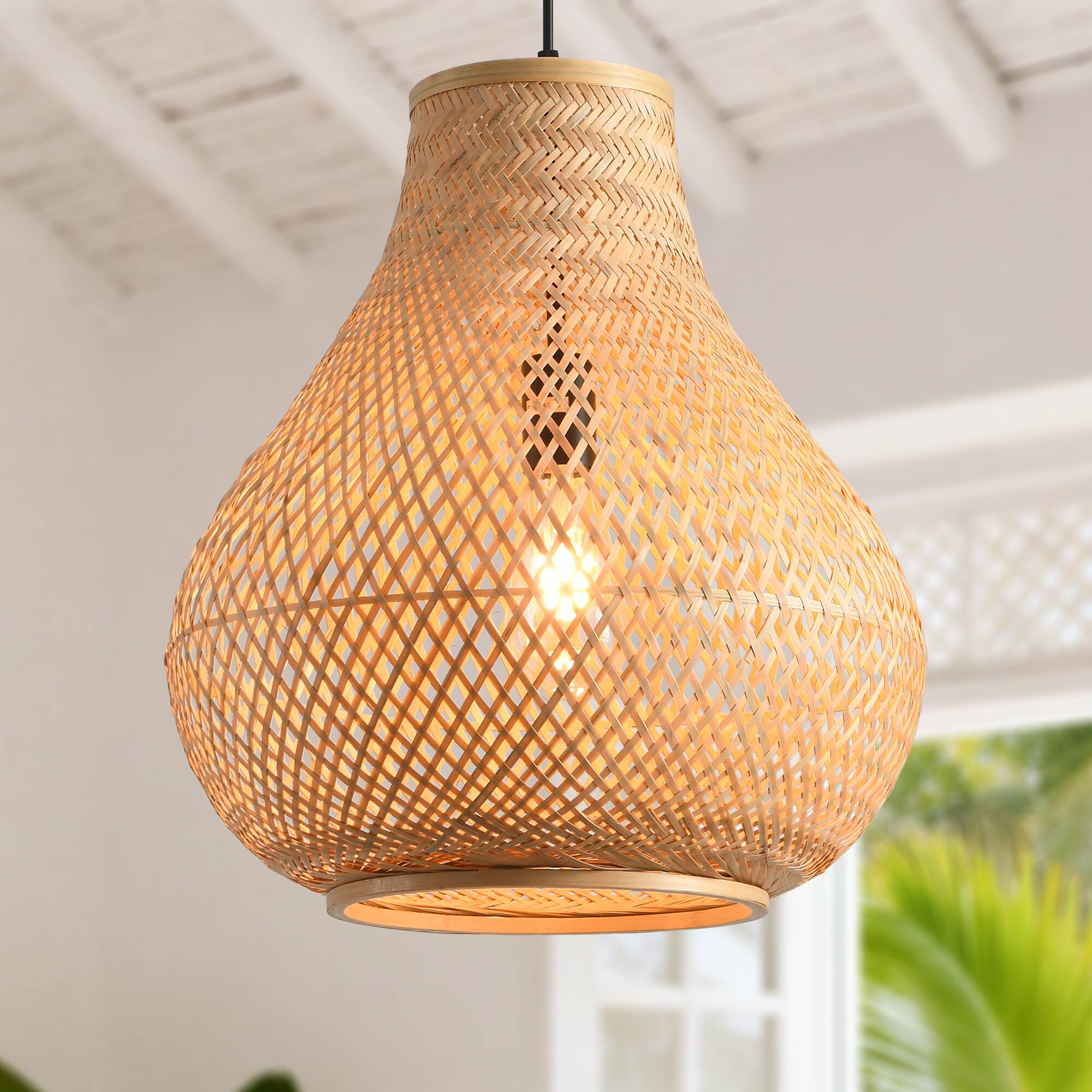 Alt View 2. Parrot Uncle - 1-Light Farmhouse Brown Fish Basket Shape Bamboo Hand-Woven Pendant Lamp.