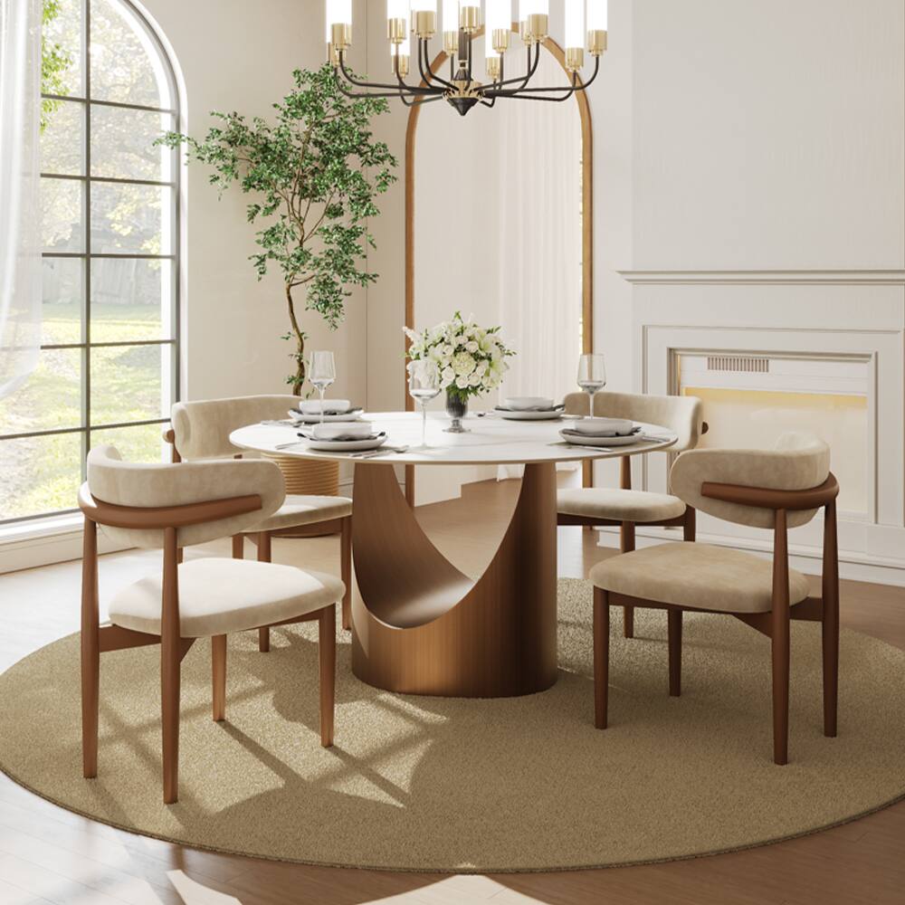Left. POVISON - 47" Round White Matte Sintered Stone Dining Table with Bronze U-shaped Steel Base - White Matte Sintered Stone with Bronze Steel Base.