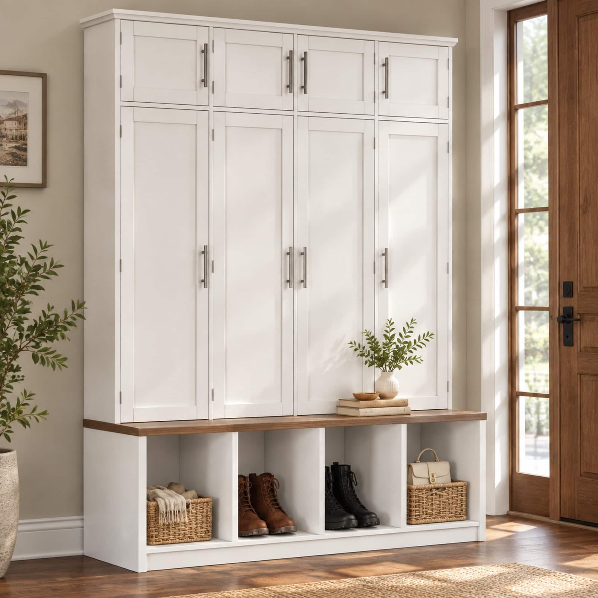 RYHNUYNE - Farmhouse Hall Tree, Walnut Seating Bench, 8 Doors, 4 Hidden Hooks, Entryway Shoe Cabinet - White