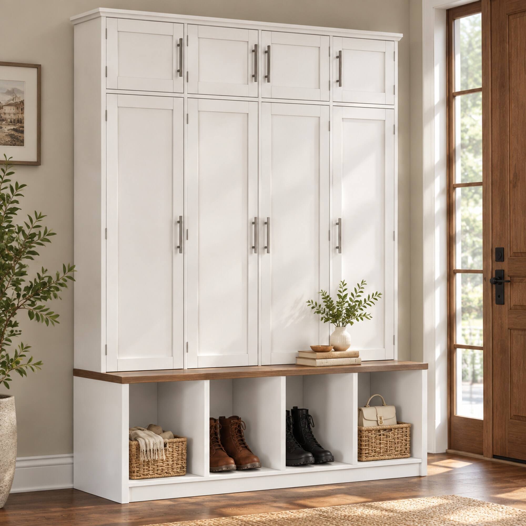 Front. RYHNUYNE - Farmhouse Hall Tree, Walnut Seating Bench, 8 Doors, 4 Hidden Hooks, White Entryway Shoe Cabinet - White.