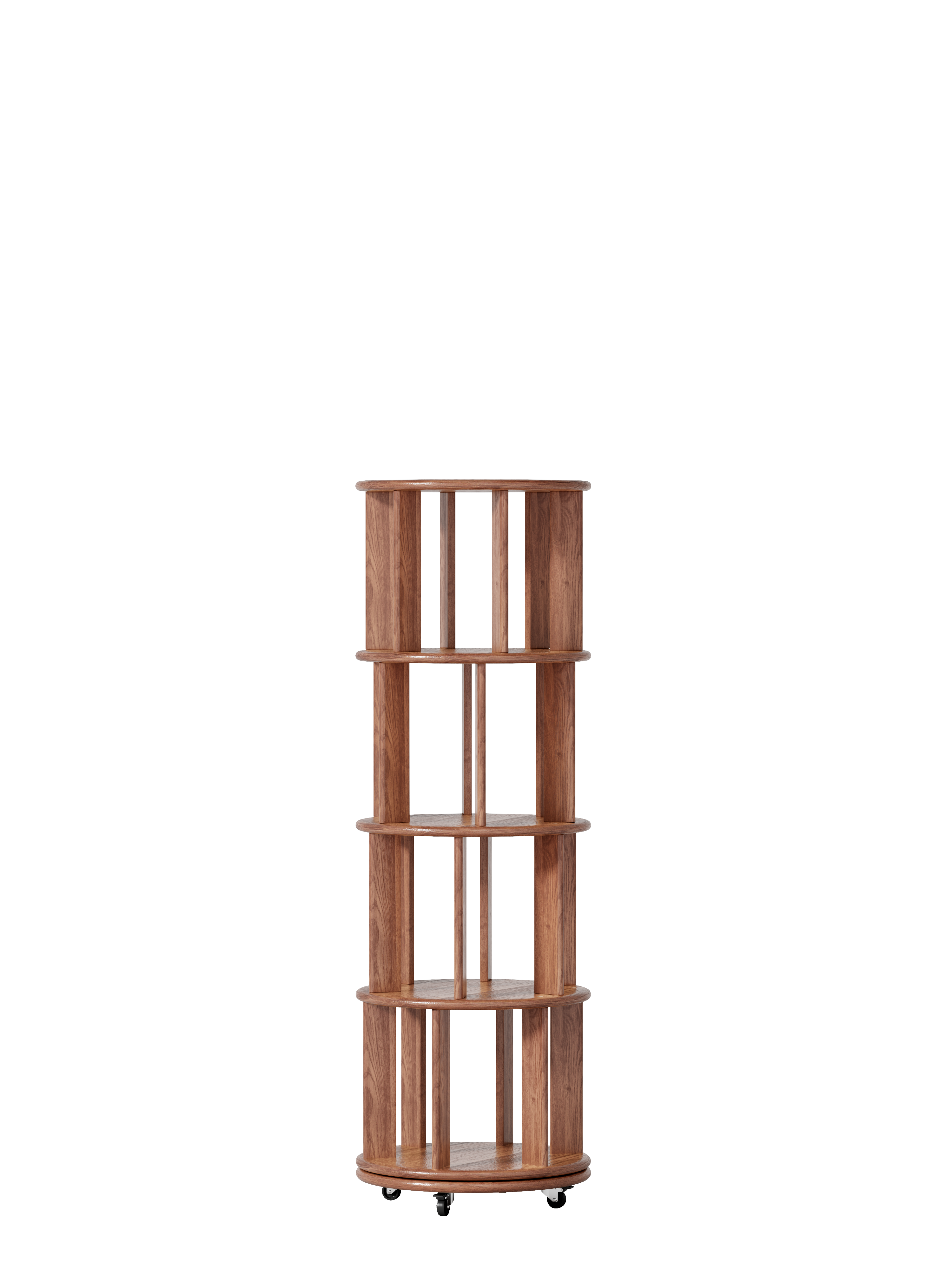 Angle. TinyHomie - 100 percent Solid Wood Rotating Bookshelf on Wheels 4 Tier Round Revolving Bookcase 360° Spinning Book Shelf Tower - Walnut.