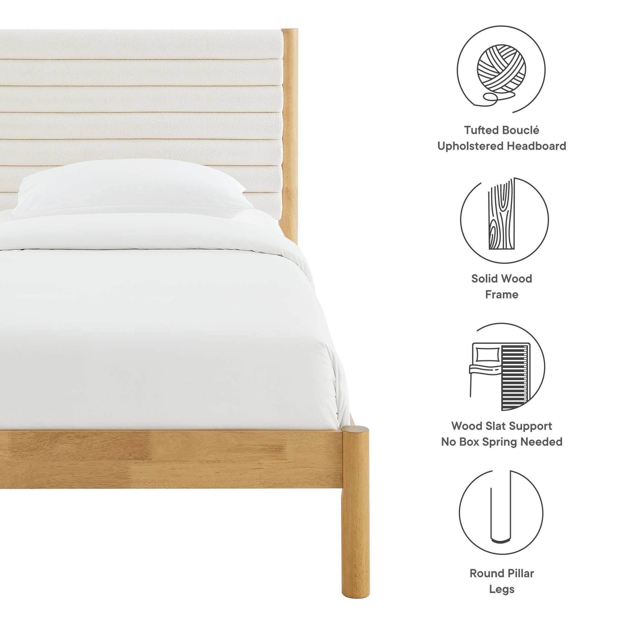 - Tufted Bouclé Upholstered Headboard
- Solid Wood Frame
- Wood Slat Support No Box Spring Needed
- Round Pillar Legs