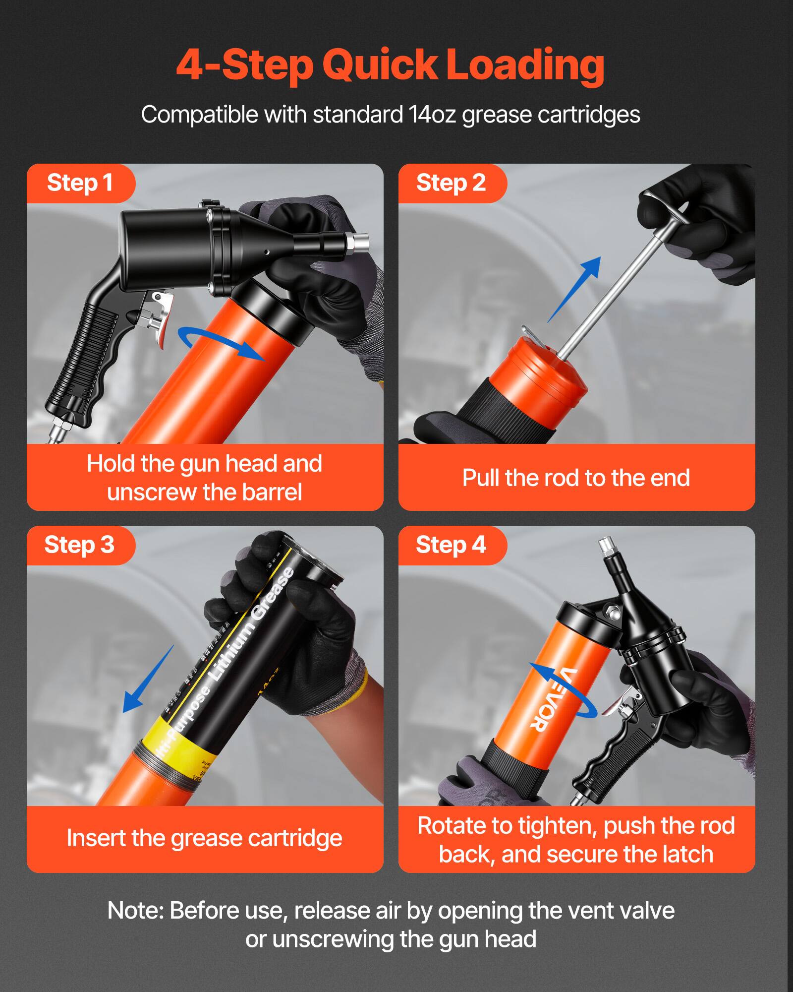 4-Step Quick Loading  
Compatible with standard 14oz grease cartridges  

Step 1  
Hold the gun head and unscrew the barrel  

Step 2  
Pull the rod to the end  

Step 3  
Insert the grease cartridge  

Step 4  
Rotate to tighten, push the rod back, and secure the latch  

Note: Before use, release air by opening the vent valve or unscrewing the gun head