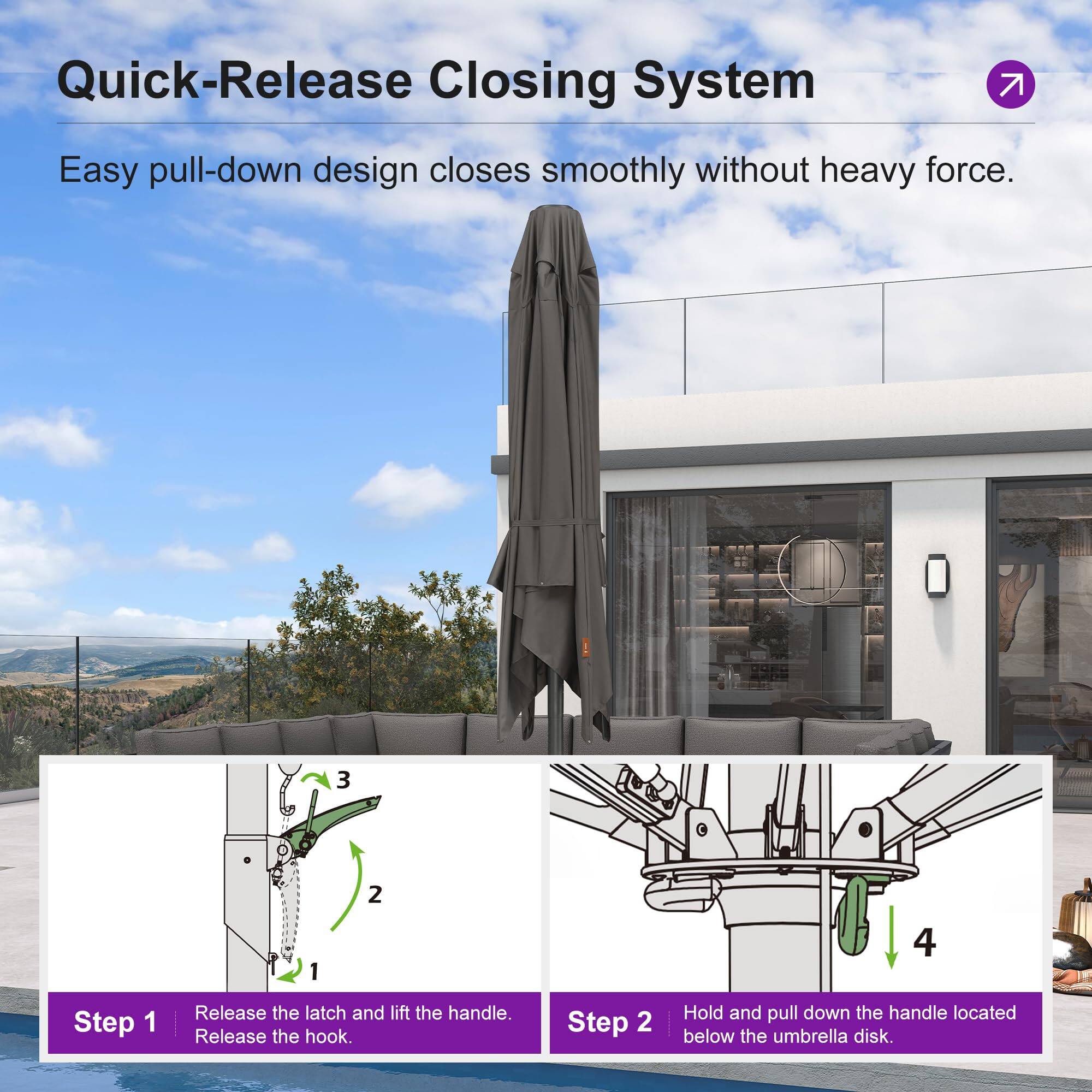 Quick-Release Closing System  
Easy pull-down design closes smoothly without heavy force.  

Step 1: Release the latch and lift the handle. Release the hook.  
Step 2: Hold and pull down the handle located below the umbrella disk.
