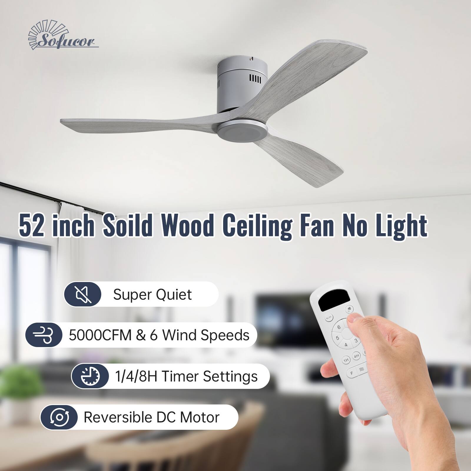 Sofucor

52 inch Solid Wood Ceiling Fan No Light

- Super Quiet
- 5000CFM & 6 Wind Speeds
- 1/4/8H Timer Settings
- Reversible DC Motor