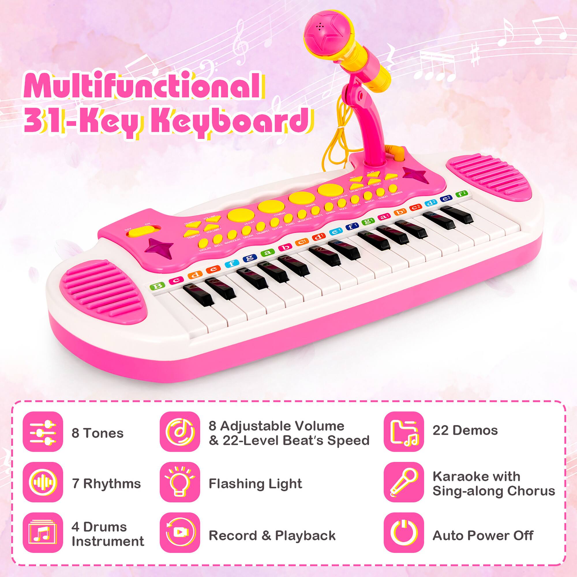 Multifunctional 31-Key Keyboard: 8 Tones, 8 Adjustable Volume, 22-Level Beat's Speed, 22 Demos, 7 Rhythms, Flashing Light, Karaoke with Sing-along Chorus, 4 Drums, Instrument, Record & Playback, Auto Power Off.