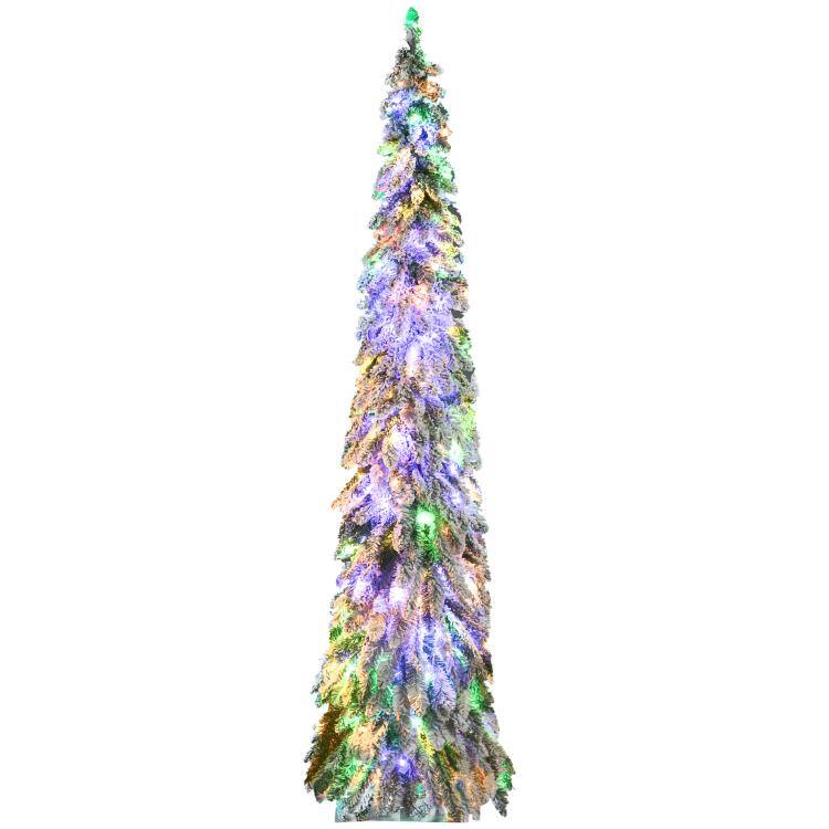 PULUZ - 7 feet Artificial Slim Christmas Trees, with Snow Frosted Branches, Warm White or Colorful LED Lights, Downswept Shape - Green