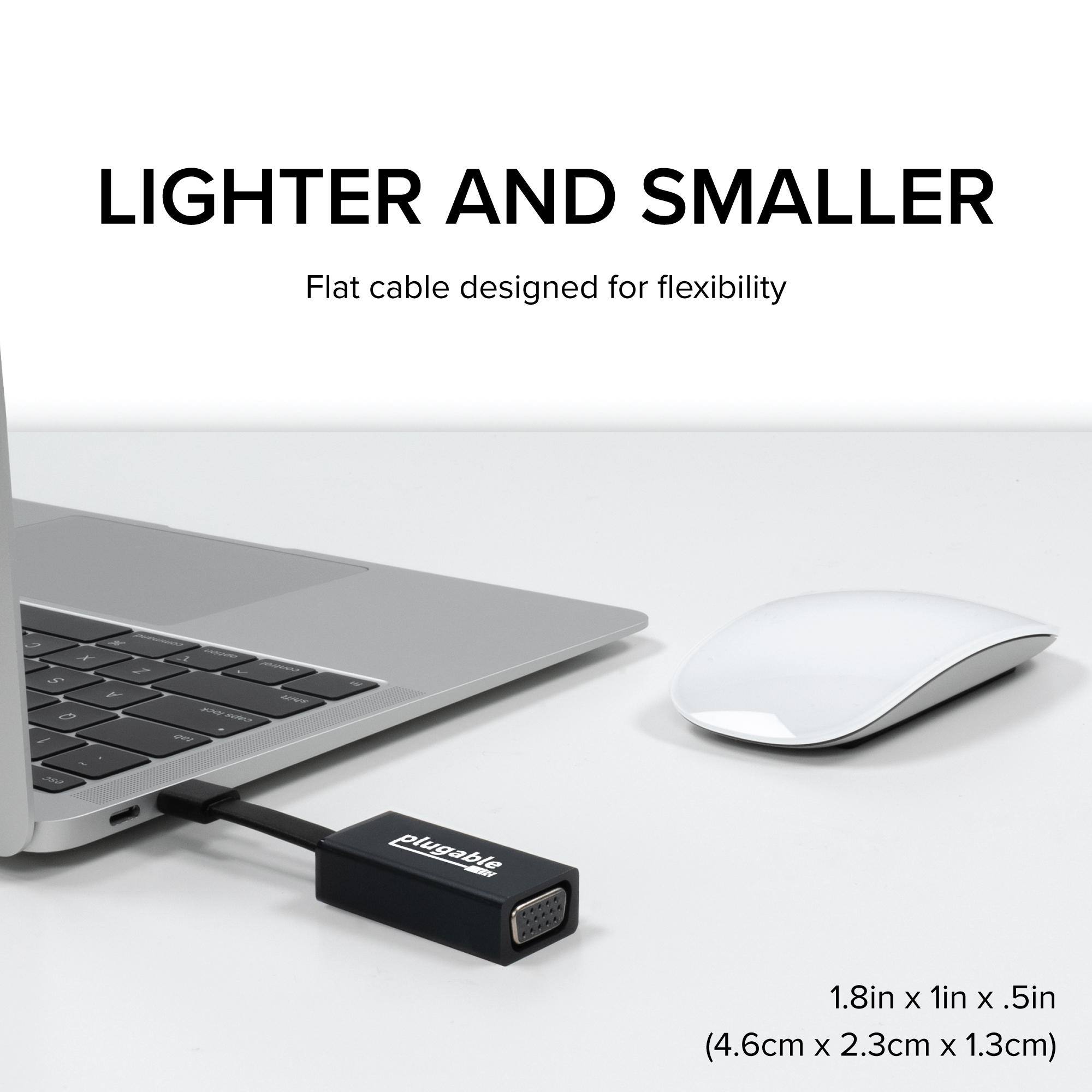 LIGHTER AND SMALLER
Flat cable designed for flexibility
plugable
1.8in X 1in X .5in (4.6cm X 2.3cm X 1.3cm)