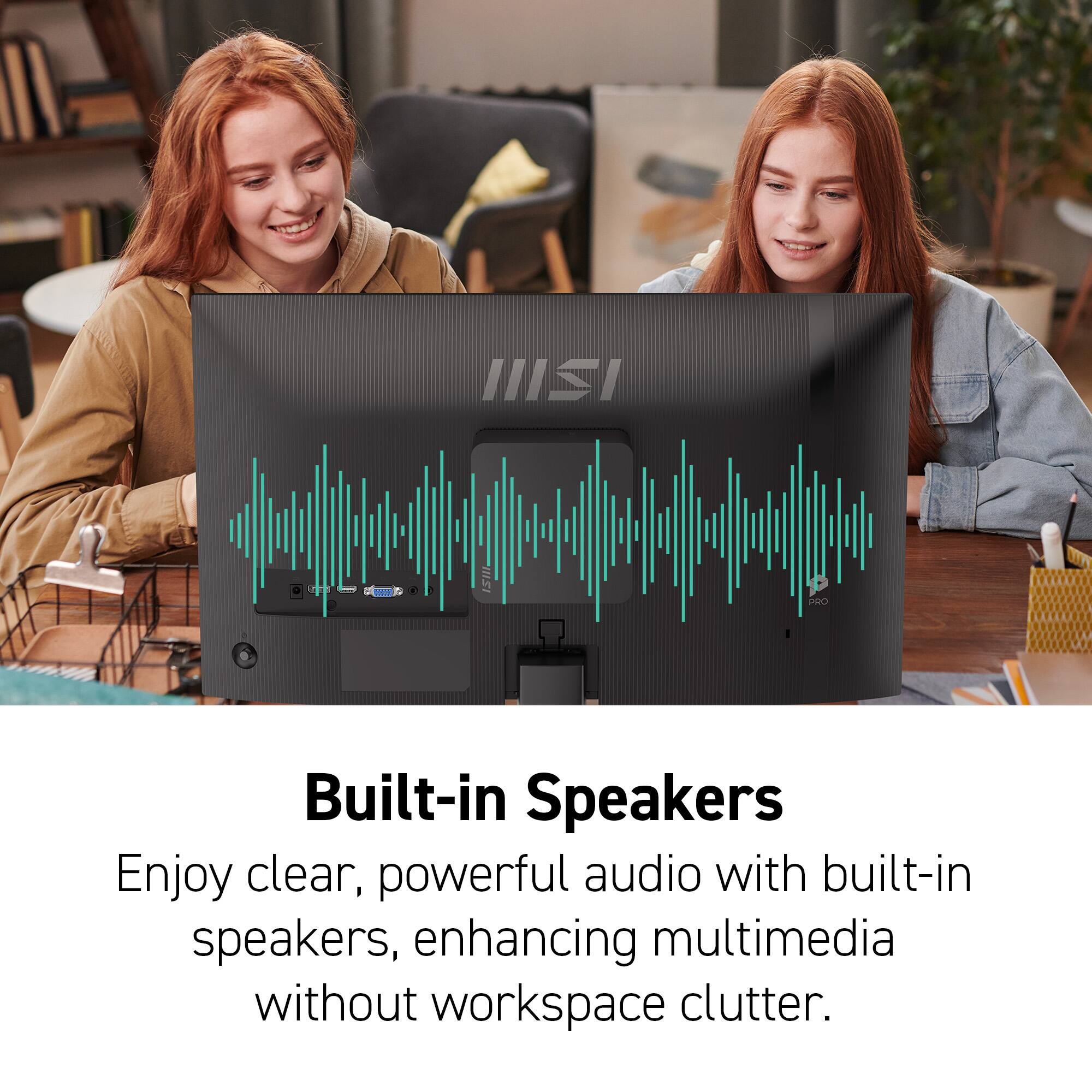 Built-in Speakers: Enjoy clear, powerful audio with built-in speakers, enhancing multimedia without workspace clutter.