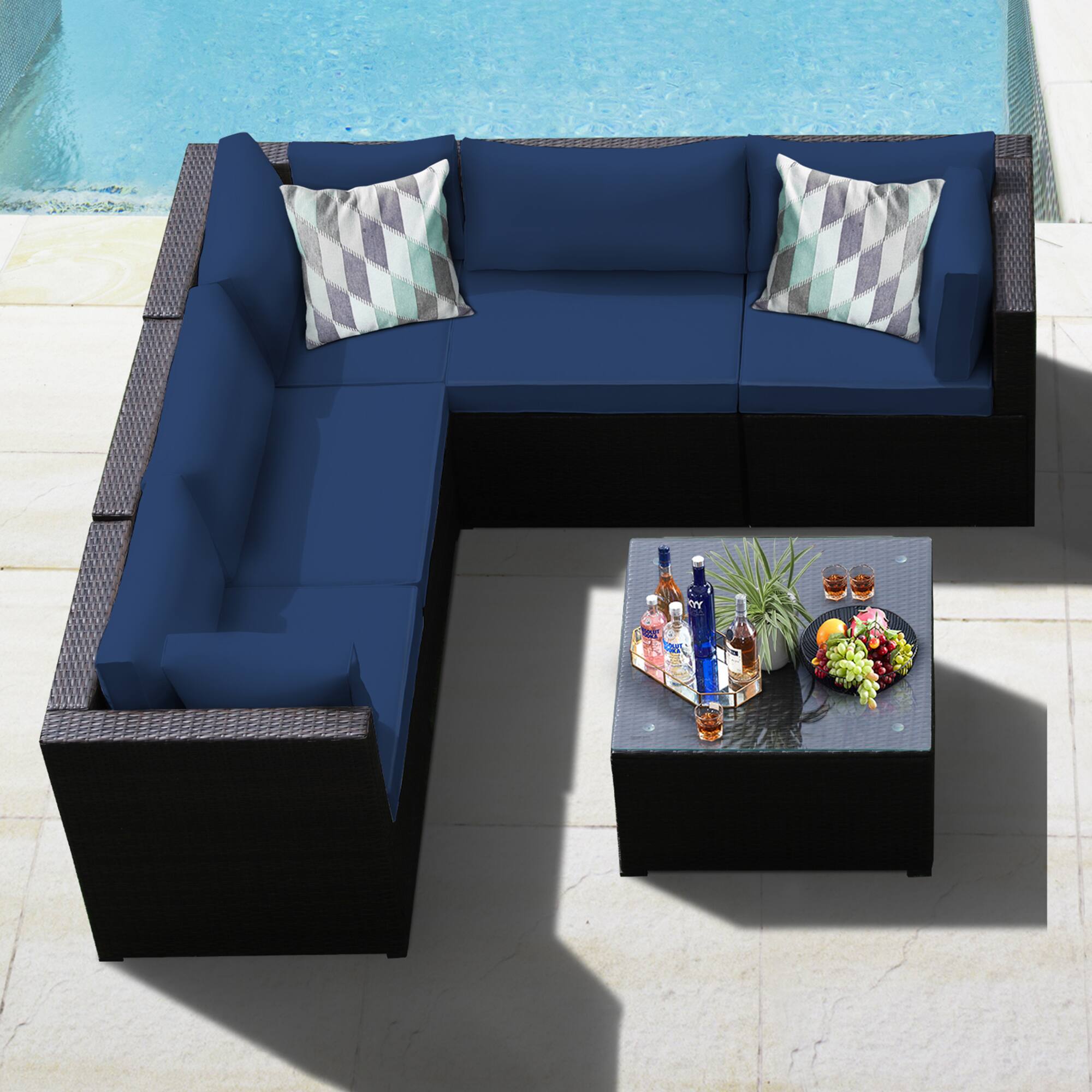 Gymax - 6PCS Rattan Patio Sectional Sofa Conversation Set Outdoor w/ Navy Cushions - Navy Blue