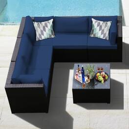 Gymax - 6PCS Rattan Patio Sectional Sofa Conversation Set Outdoor w/ Navy Cushions - Navy Blue