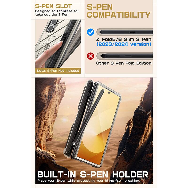 **S-PEN SLOT**  
Designed to facilitate taking out the S Pen

**S-PEN COMPATIBILITY**  
✓ Z Fold5/6 Slim S Pen (2023/2024 version)  
✗ Other S Pen Fold Edition

Note: S-Pen Not Included

**BUILT-IN S-PEN HOLDER**  
Place your S-pen while protecting your hinge from breaking.