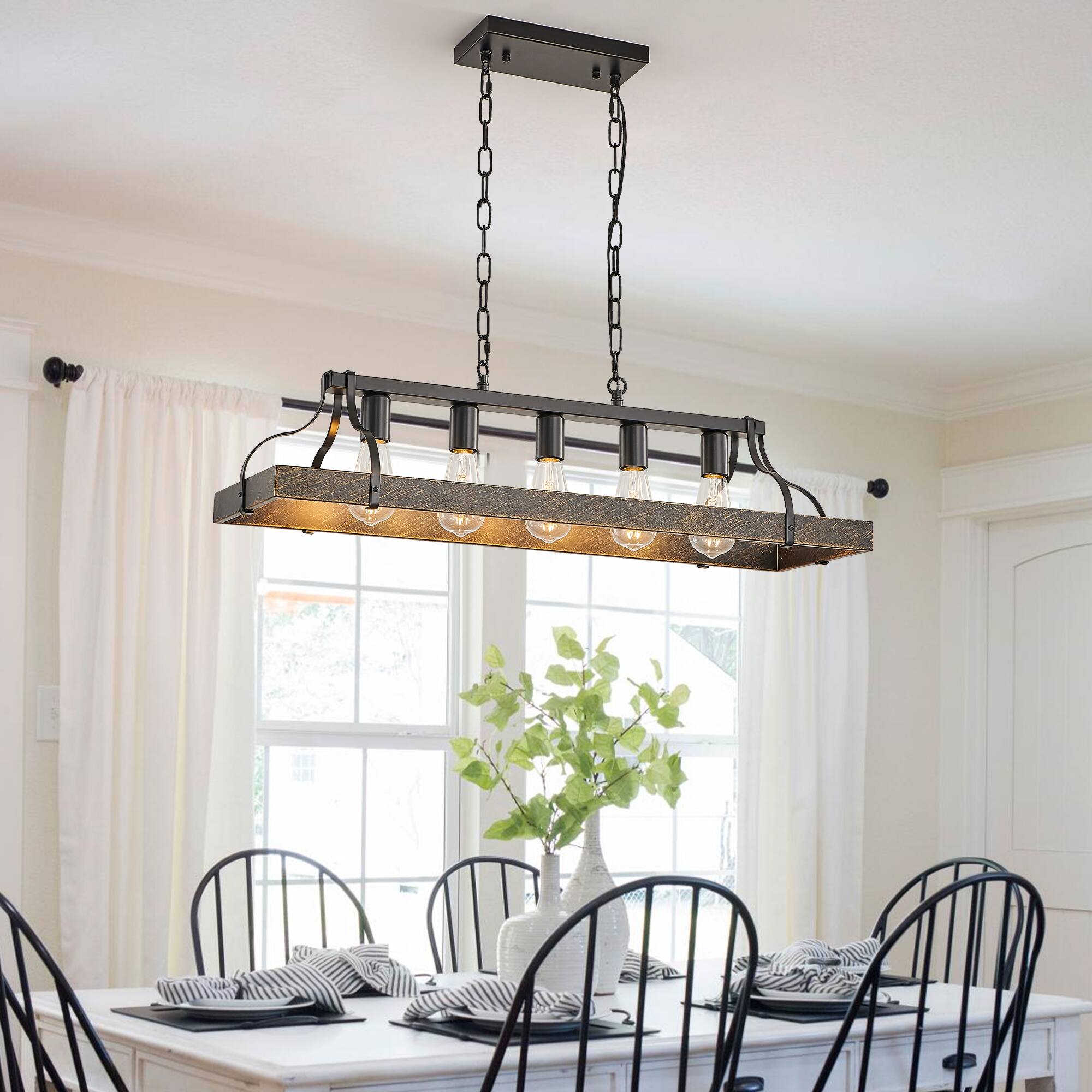 Angle. TinyHomie - 34 Inch Black Gold Vintage Pendant Light 5 E26 Bulb Sockets Adjustable Chain Height Antique Style.