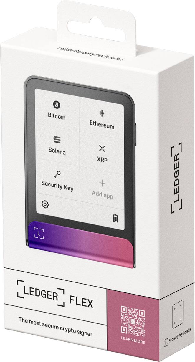 LEDGER FLEX  
The most secure crypto signer  

Bitcoin  
Ethereum  
Solana  
XRP  

Security Key  
Add app  

Recovery Key included  

LEARN MORE