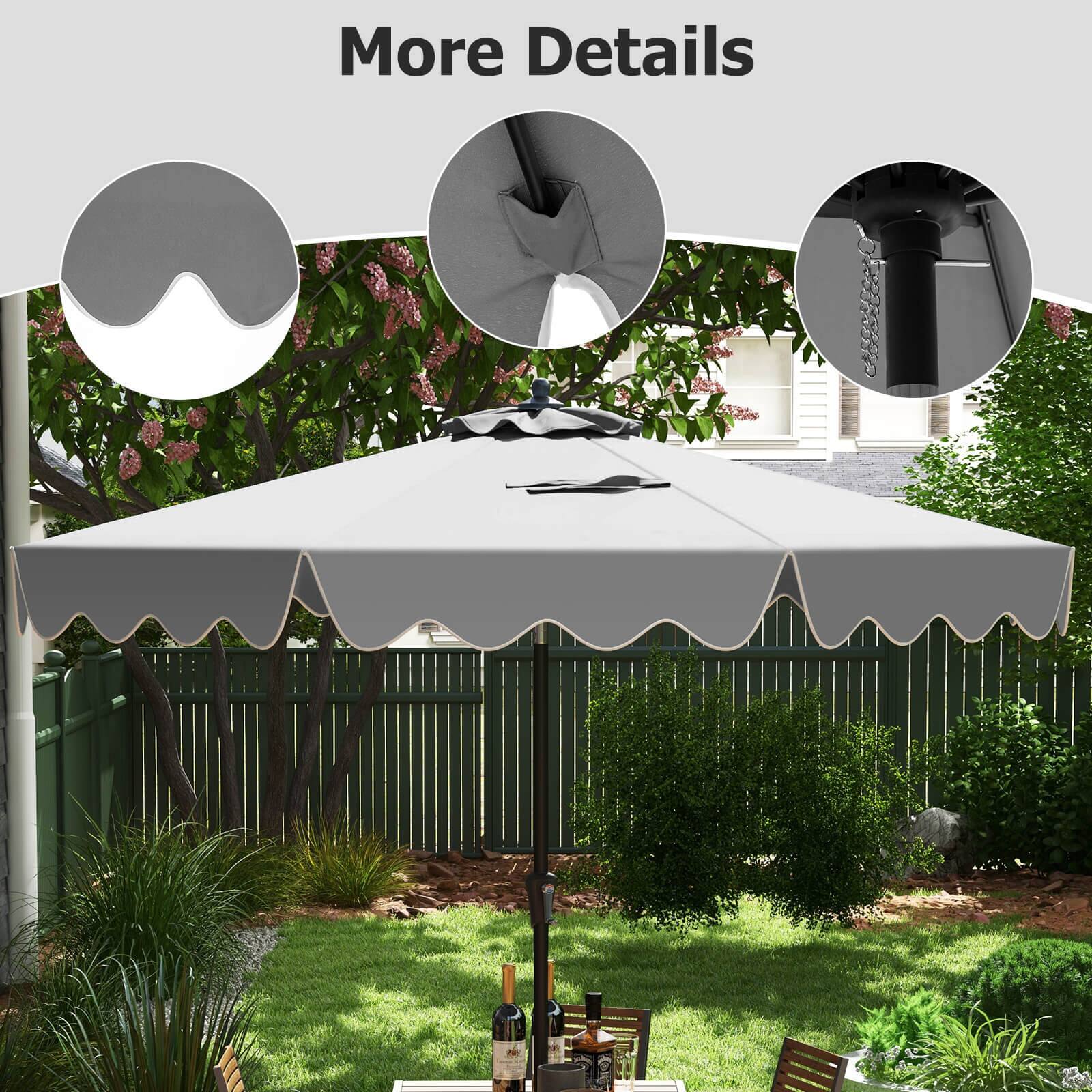 The image features a backyard scene with a large white umbrella, which is open and providing shade. The umbrella is situated in the center of the yard, surrounded by a fence. There is a dining table under the umbrella, with several chairs placed around it. 

In addition to the umbrella and table, there are multiple bottles scattered throughout the scene, possibly indicating a gathering or a casual outdoor event. The overall atmosphere of the image suggests a relaxing and enjoyable outdoor setting.