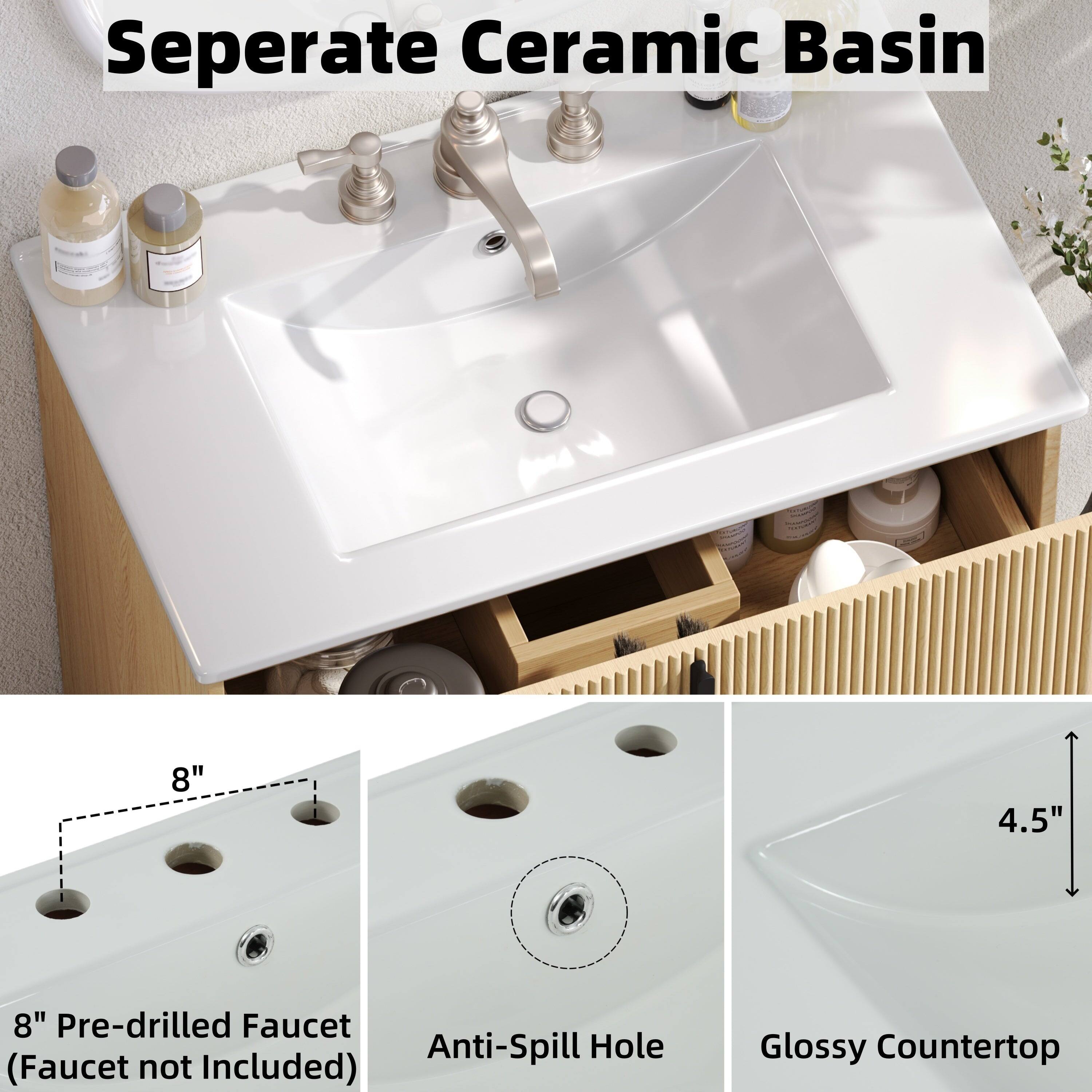 Seperate Ceramic Basin

8" Pre-drilled Faucet (Faucet not Included)

Anti-Spill Hole

Glossy Countertop

4.5"