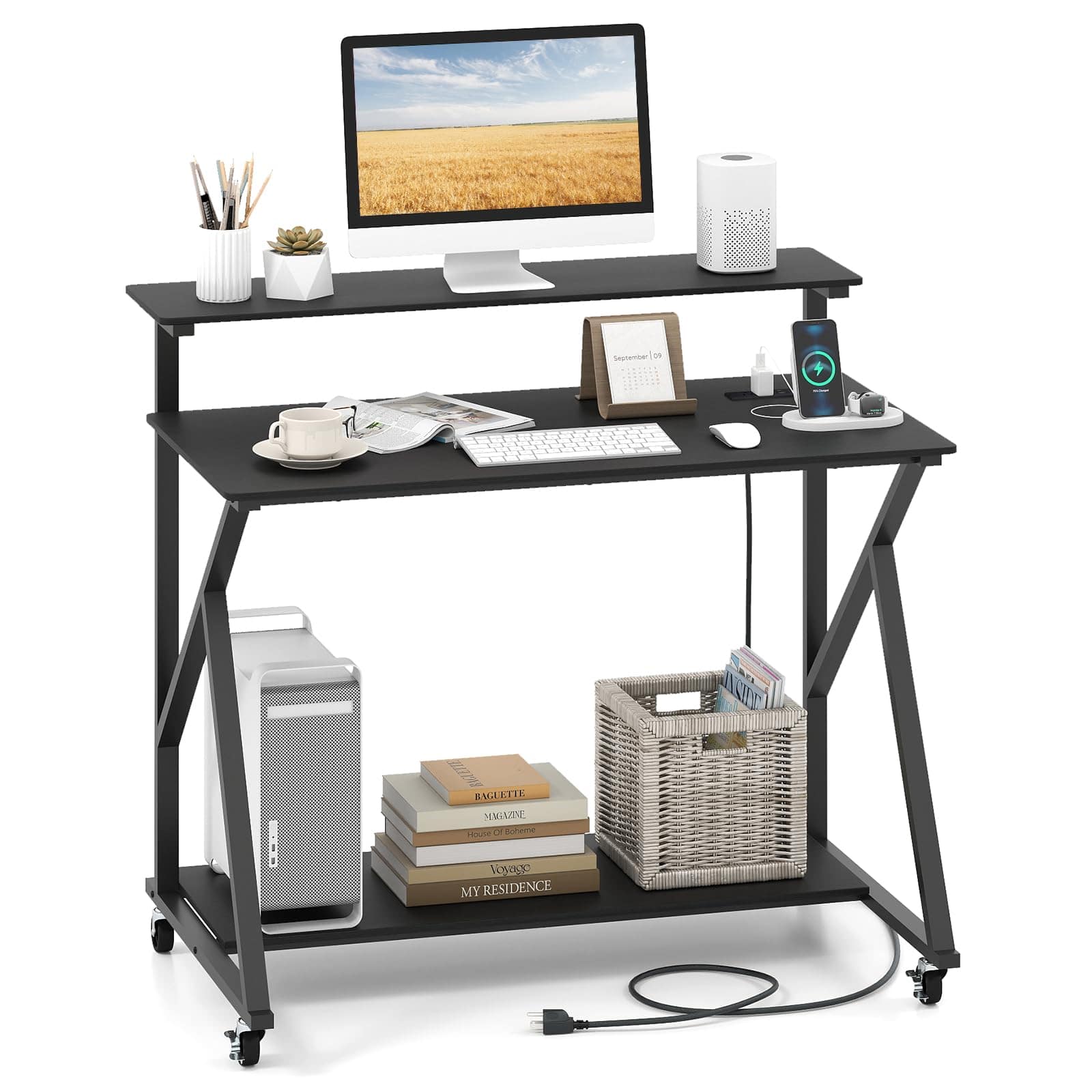 Ecooso - Rolling Computer Desk with Charging Station and Monitor Shelf, Mobile Home Office Workstation - Black