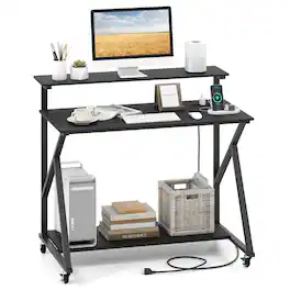 Ecooso - Rolling Computer Desk with Charging Station and Monitor Shelf, Mobile Home Office Workstation - Black