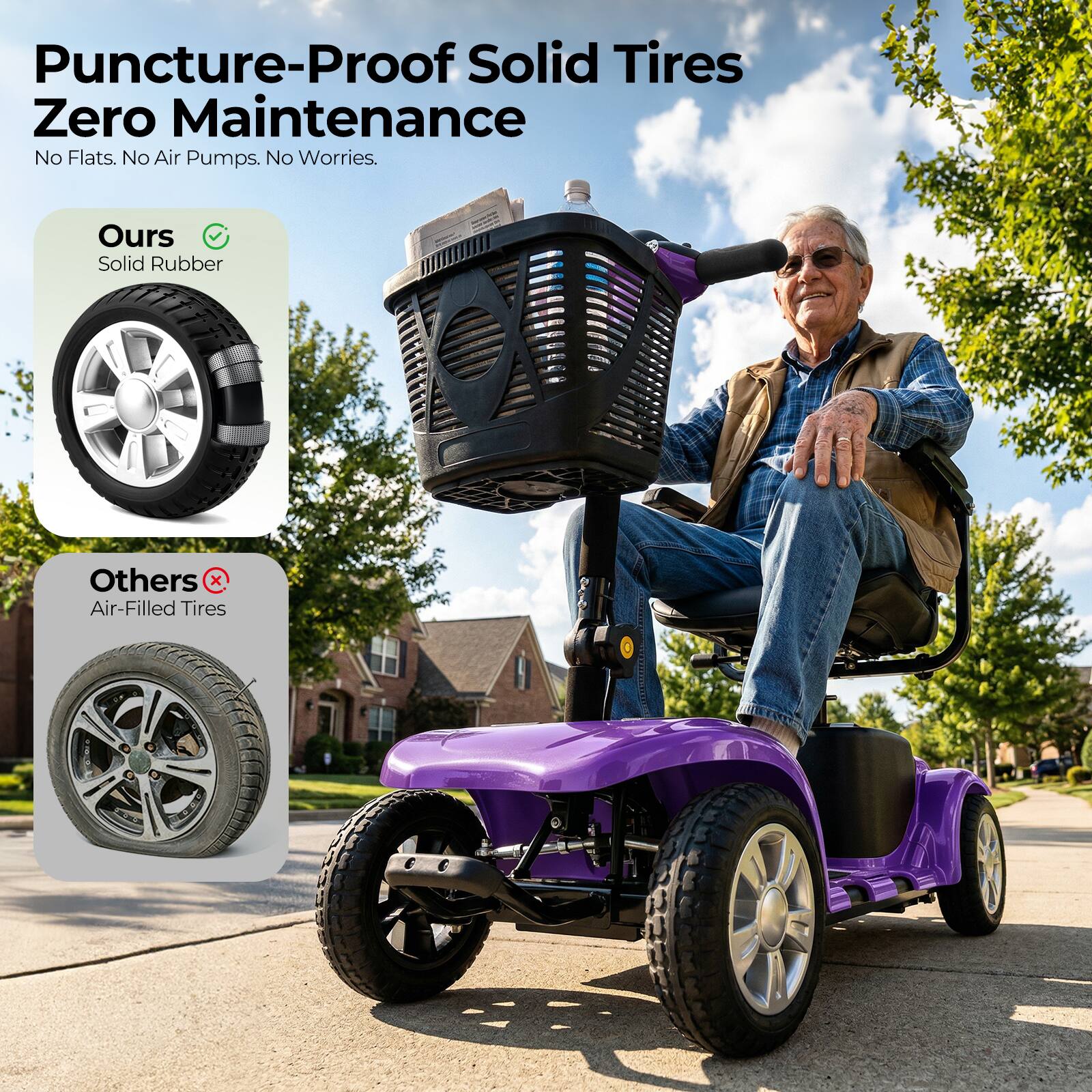 Puncture-Proof Solid Tires  
Zero Maintenance  
No Flats. No Air Pumps. No Worries.  

Ours  
Solid Rubber  

Others  
Air-Filled Tires