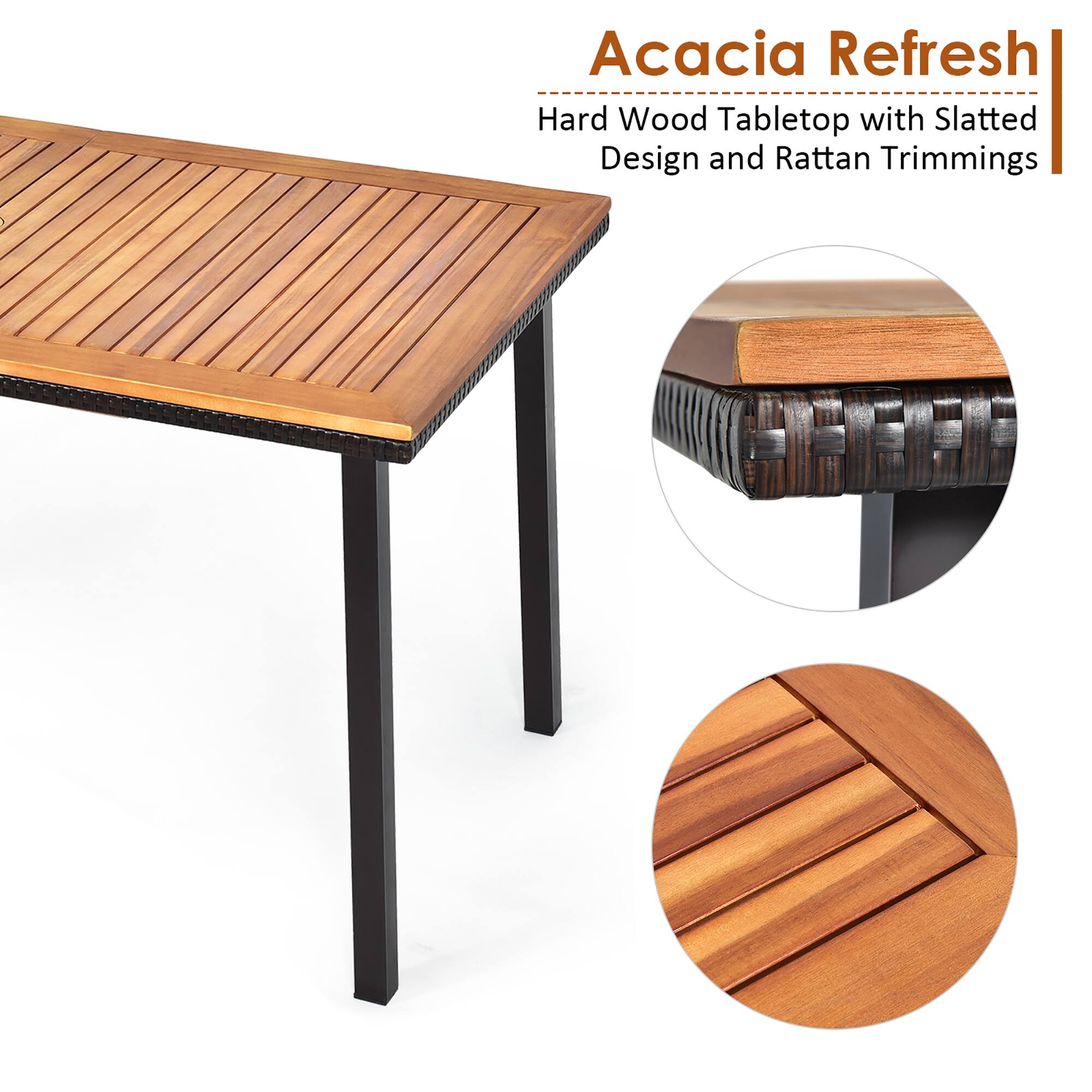 Acacia Refresh  
Hard Wood Tabletop with Slatted Design and Rattan Trimmings