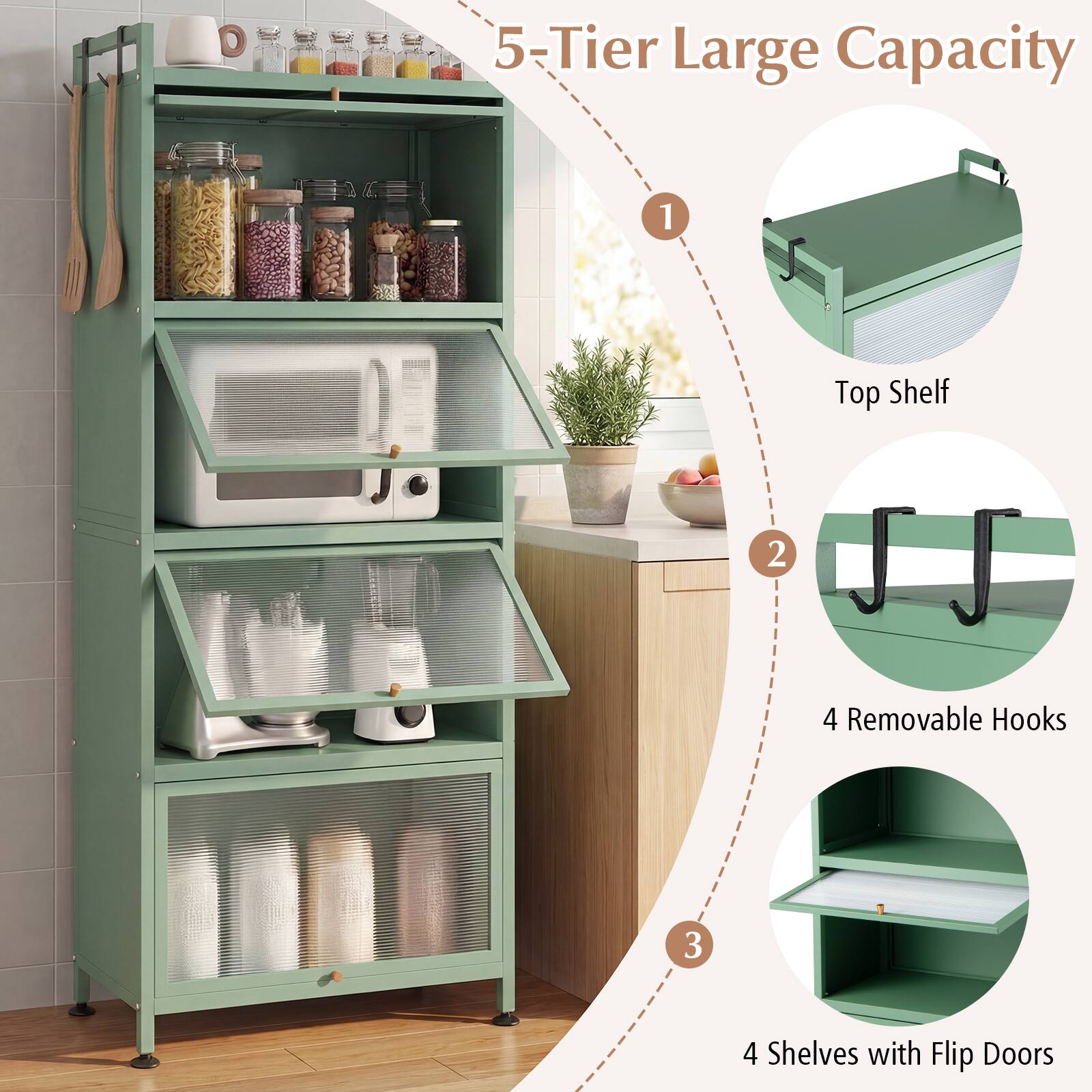 5-Tier Large Capacity  
1 Top Shelf  
2 4 Removable Hooks  
3 4 Shelves with Flip Doors