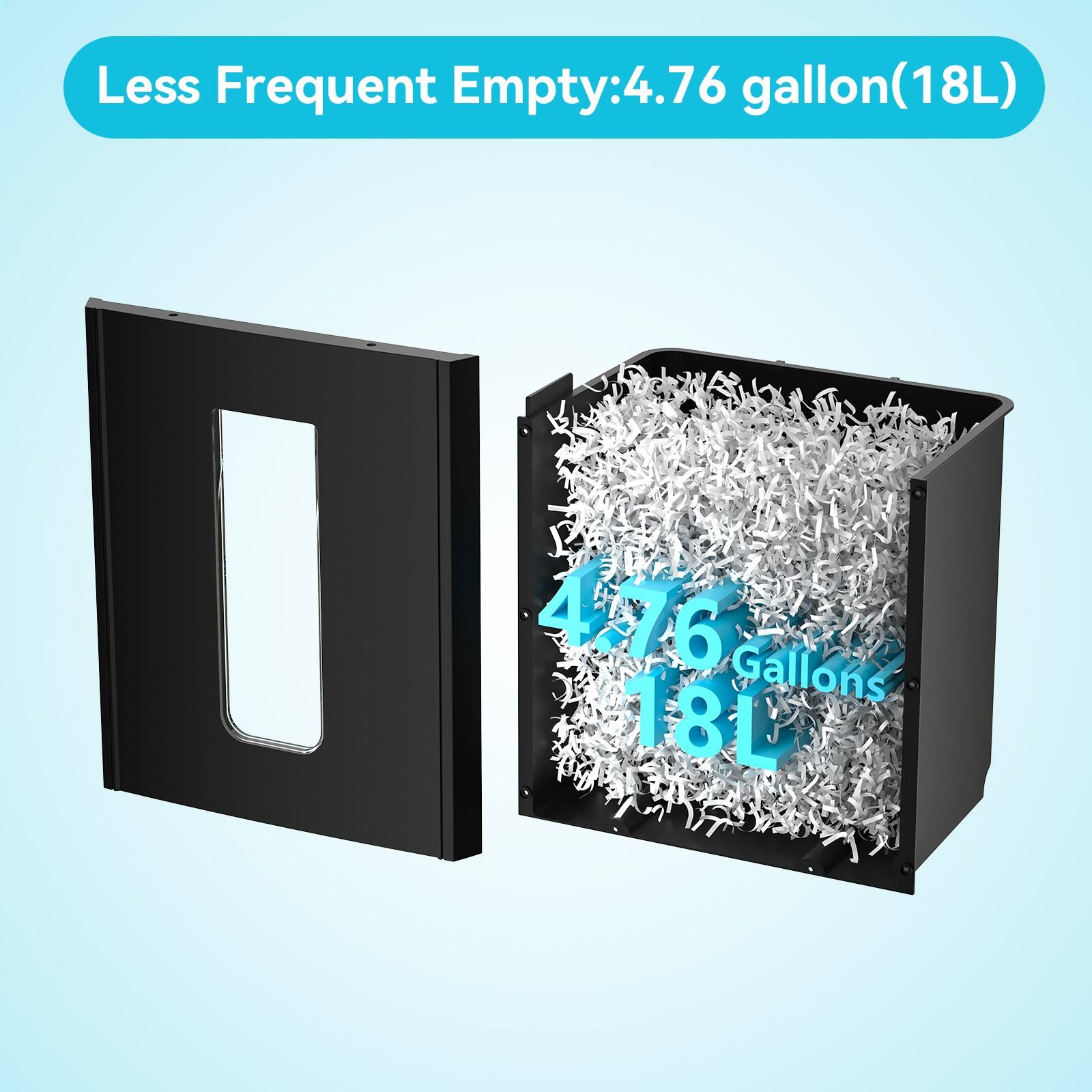 Less Frequent Empty: 4.76 gallon (18L)

4.76 gallons 18L