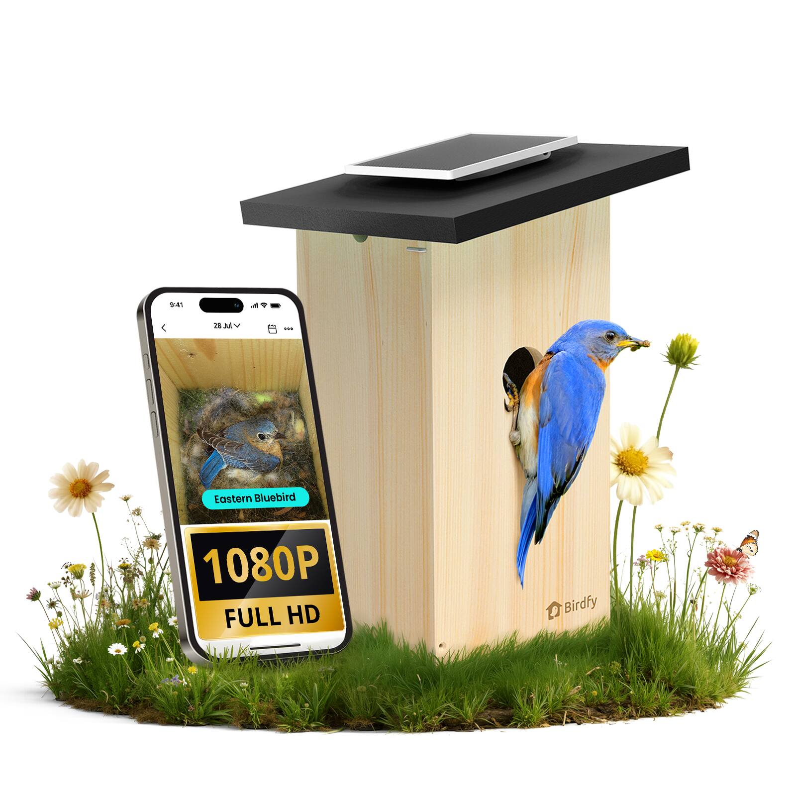 BIRDFY - Smart Bird House Camera Ebony, AI Bird ID(7-Day Free Trial), Solar Panel, Gift for Bird Lovers&Outdoor Birdwatching - Natural Wood Finish & Black
