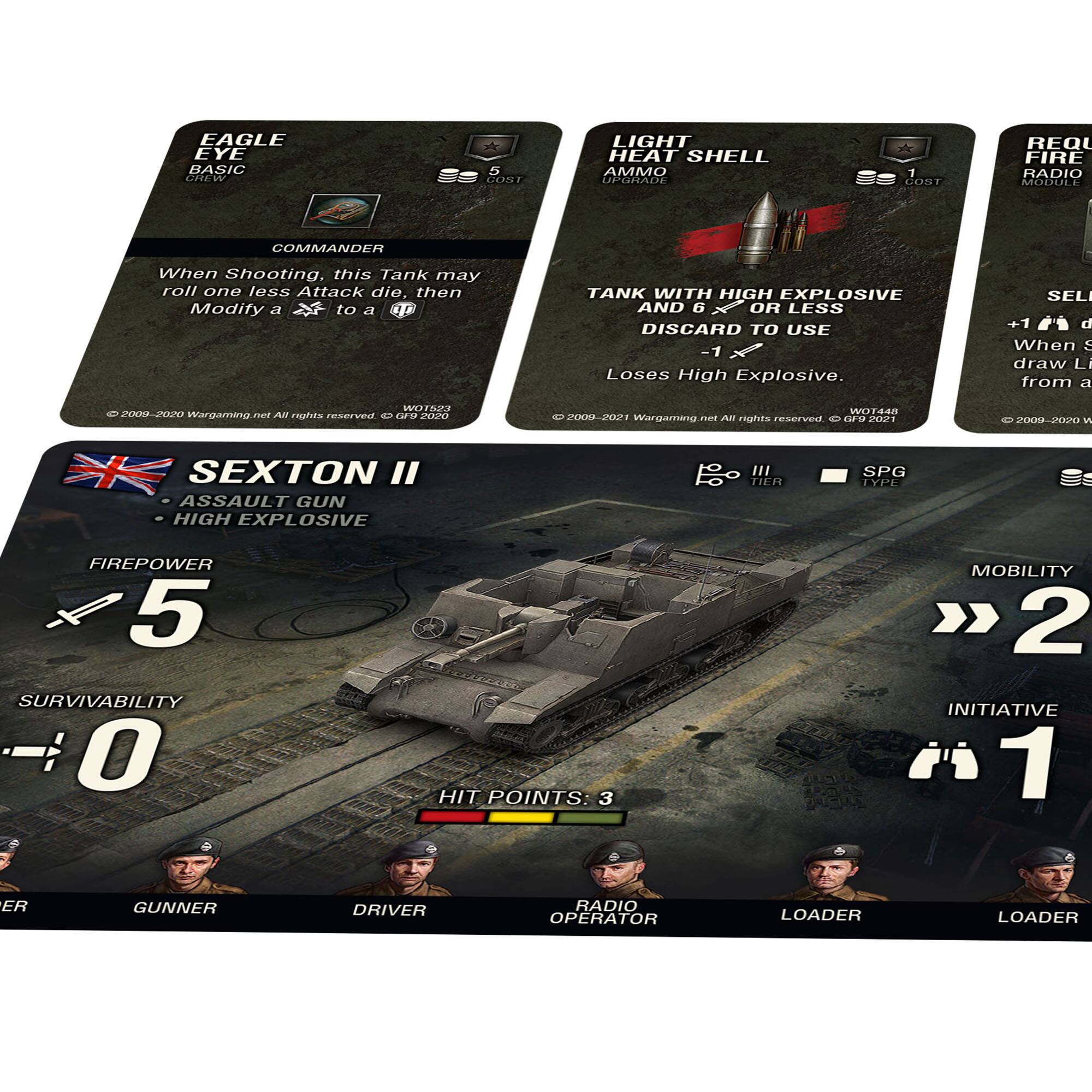 The text on the image can be grouped and corrected as follows:

1. Eagle Eye Basic Crew: 5, 1000, Light Heat Shell Ammo Upgrade 1, On Req, Fire, Radio, Commander. When shooting, this tank may roll one less attack die than normal. Modify a2 to a tank with high explosive and 6 or less discard to use -1. Loses high explosive.
2. Sexton II: Assault Gun, High Explosive. Type = Firepower 5, Survivability 0, Hit Points: 3, Mobility 2, Initiative 1. Gunner, Driver, Radio Operator, Loader, Loader.