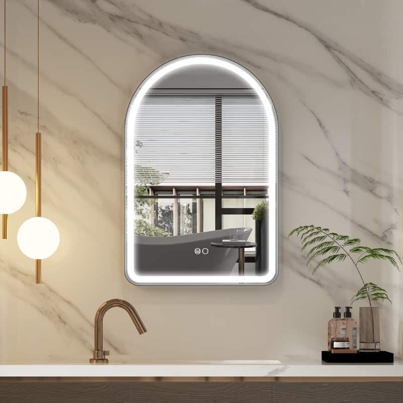 WELLFOR - 24" x 36" Arched Framed Bathroom Mirror with LED Light ,Defogger & Memory Function, Wall Mounted Vanity Mirror - Matte Black