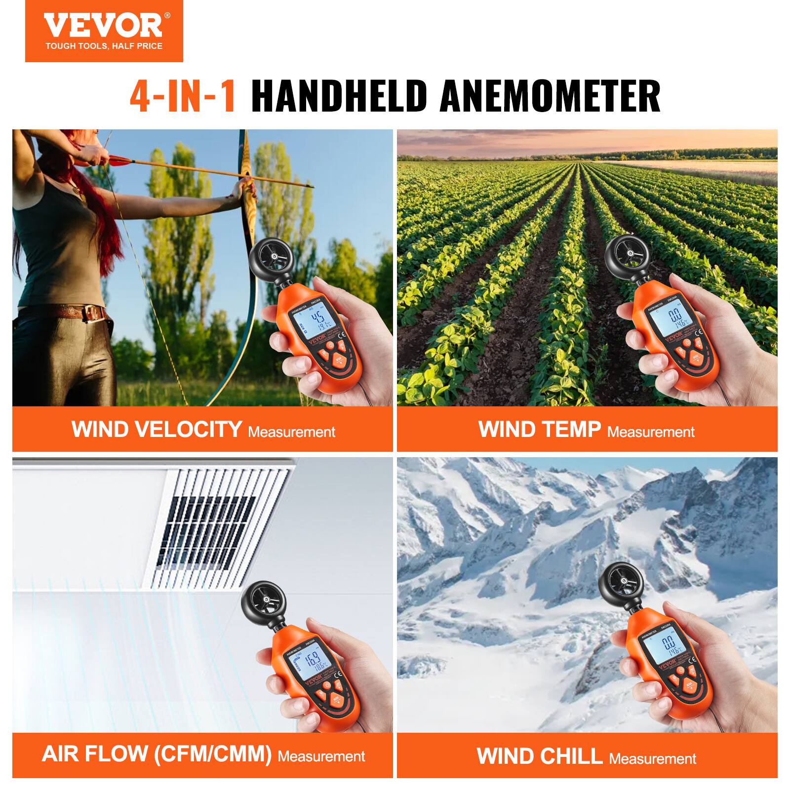 VEVOR TOUGH TOOLS. HALF PRICE 4-IN-1 HANDHELD ANEMOMETER

- WIND VELOCITY Measurement
- WIND TEMP Measurement
- AIR FLOW (CFM/CMM) Measurement
- WIND CHILL Measurement