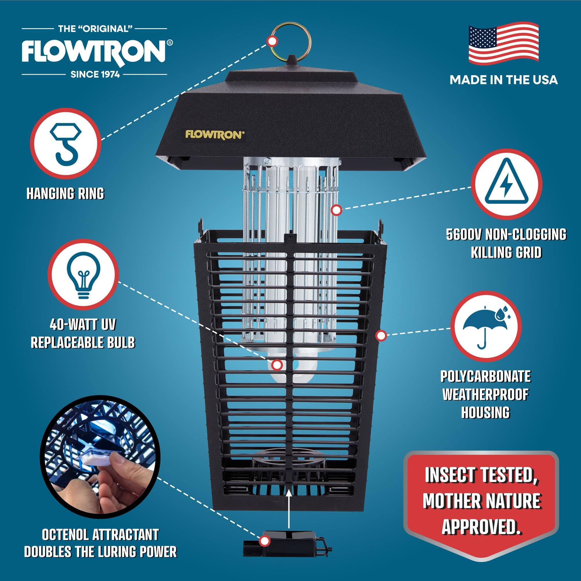 THE "ORIGINAL" FLOWTRON SINCE 1974 MADE IN THE USA FLOWTRON HANGING RING 5600V NON-CLOGGING KILLING GRID 40-WATT UV REPLACEABLE BULB POLYCARBONATE WEATHERPROOF HOUSING OCTENOL ATTRACTANT DOUBLES THE LURING POWER INSECT TESTED, MOTHER NATURE APPROVED.