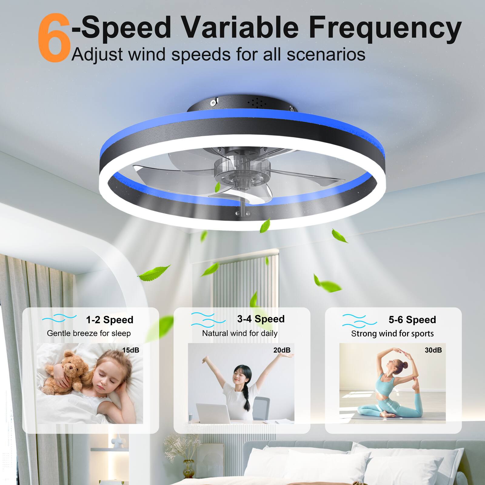 6-Speed Variable Frequency  
Adjust wind speeds for all scenarios  

1-2 Speed  
Gentle breeze for sleep  
15dB  

3-4 Speed  
Natural wind for daily  
20dB  

5-6 Speed  
Strong wind for sports  
30dB