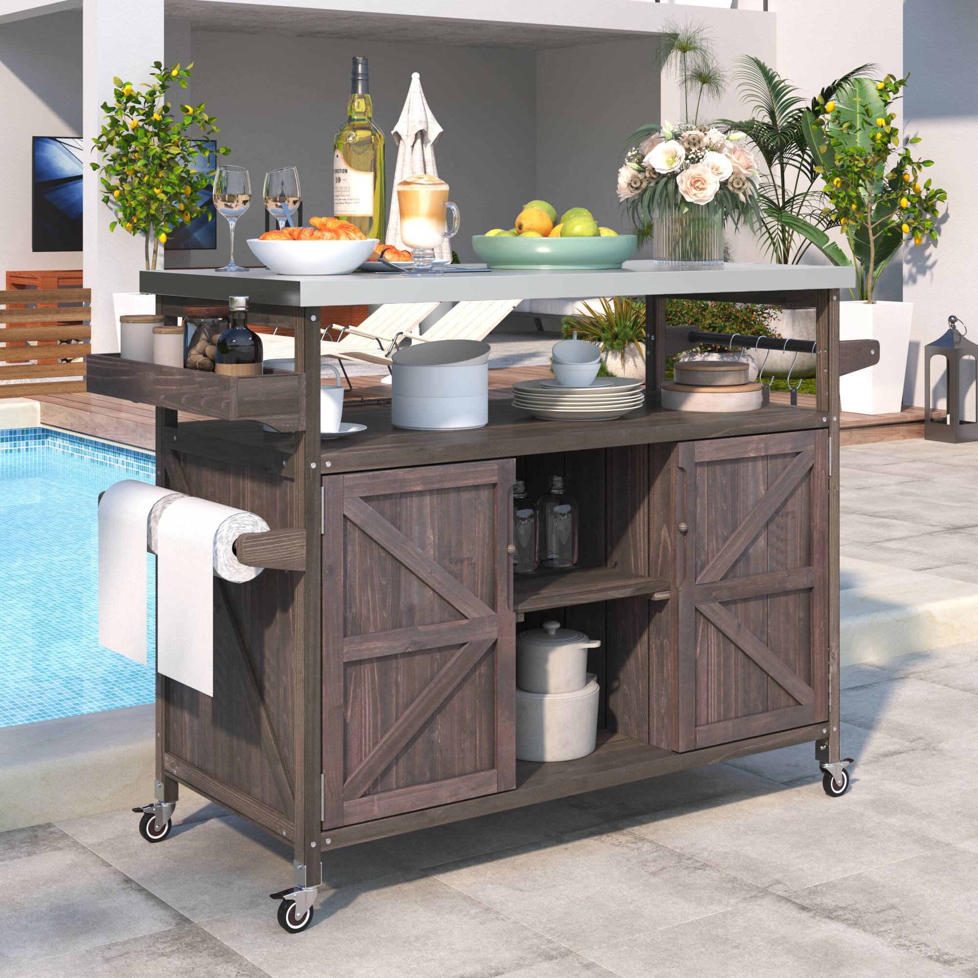 Angle. Spaco - Spaco Outdoor Kitchen Grill Island Cart, Teak Stainless Top, Spice Towel Rack, Locking Wheels Rolling Storage for BBQ - Dark Brown.