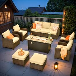 Ovios - 3 PCS Patio Furniture Set, Rattan Wicker Conversation Couch with Ottoman - Beige
